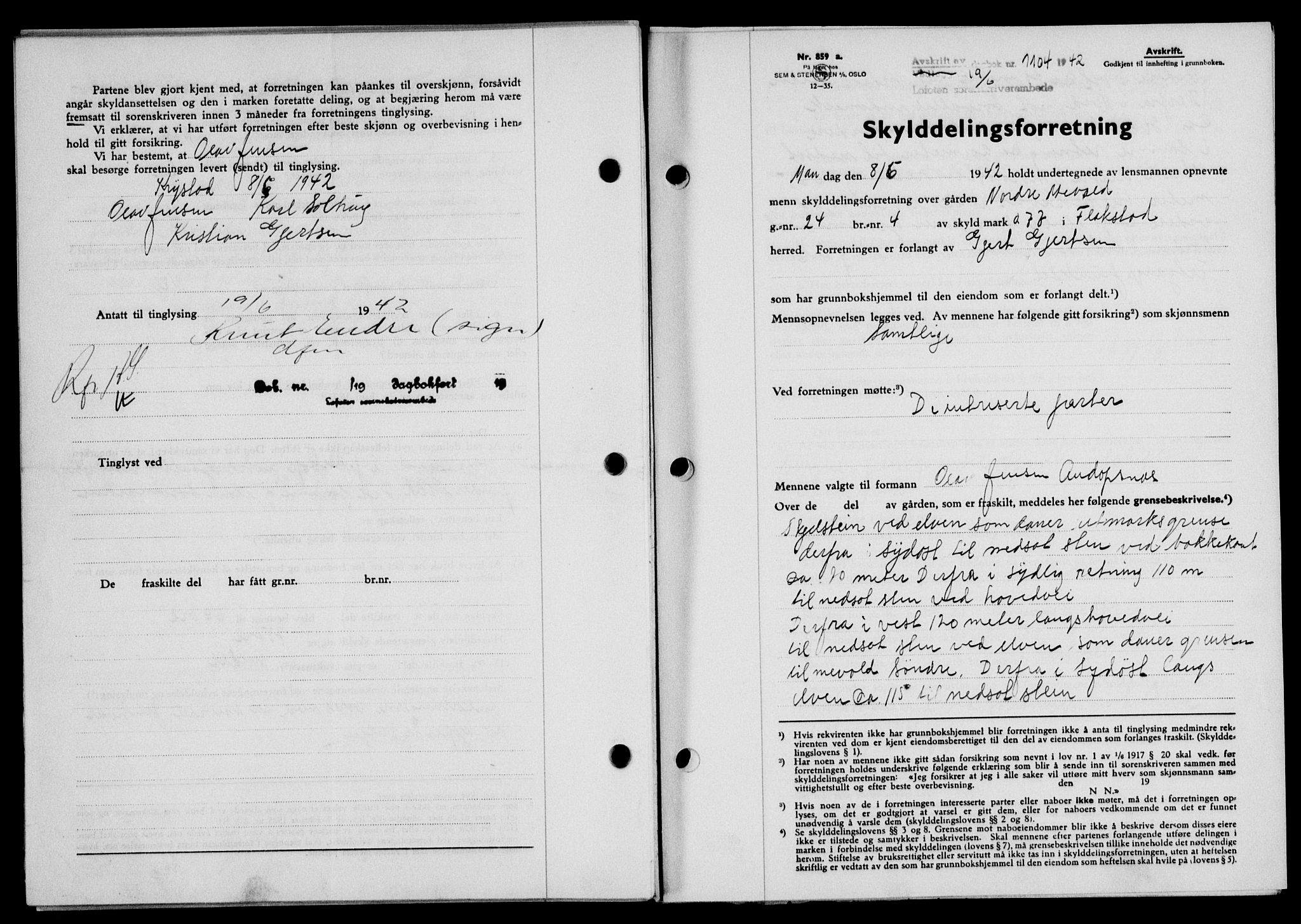 Lofoten sorenskriveri, SAT/A-0017/1/2/2C/L0010a: Mortgage book no. 10a, 1942-1943, Diary no: : 1104/1942