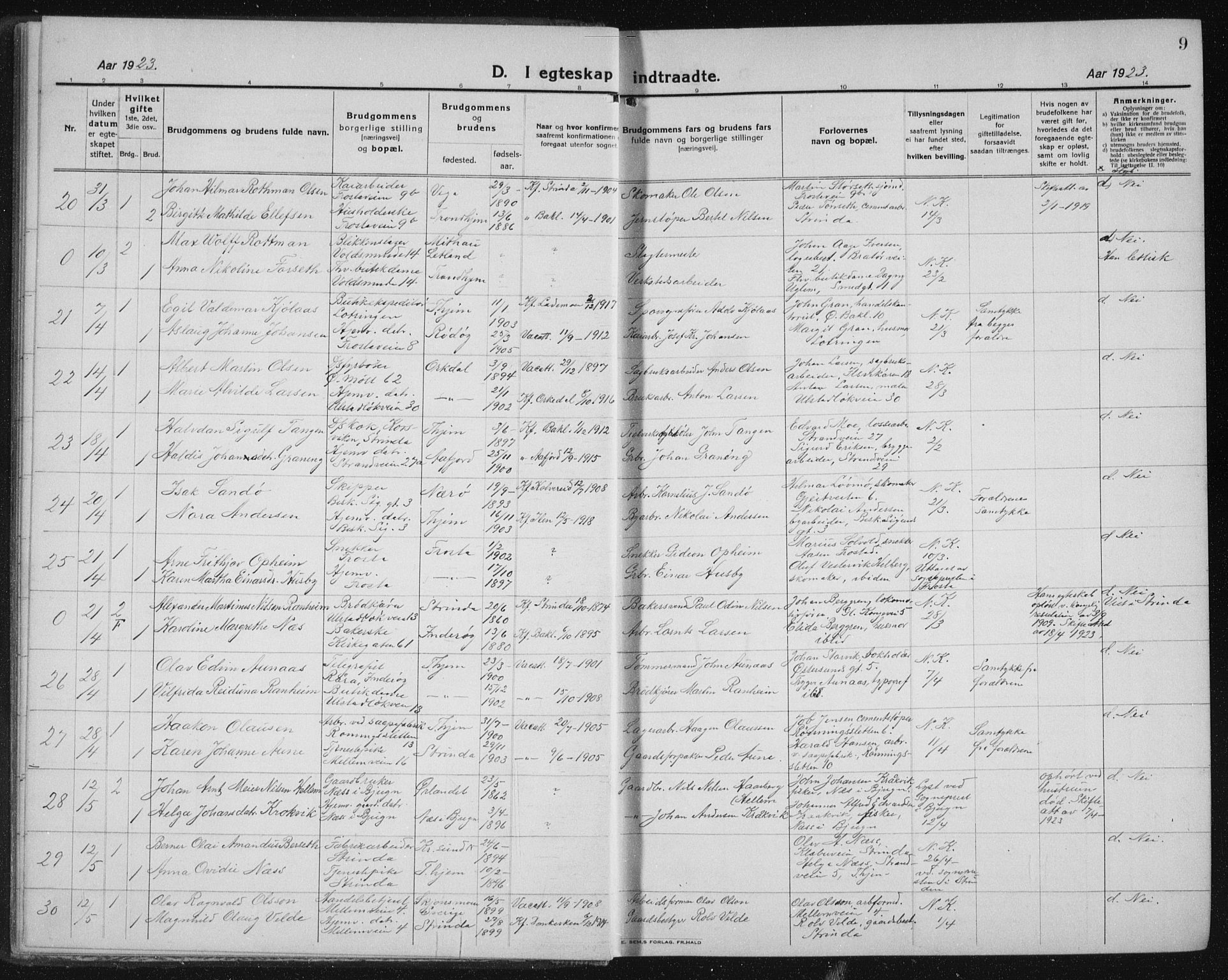 Ministerialprotokoller, klokkerbøker og fødselsregistre - Sør-Trøndelag, SAT/A-1456/605/L0260: Parish register (copy) no. 605C07, 1922-1942, p. 9