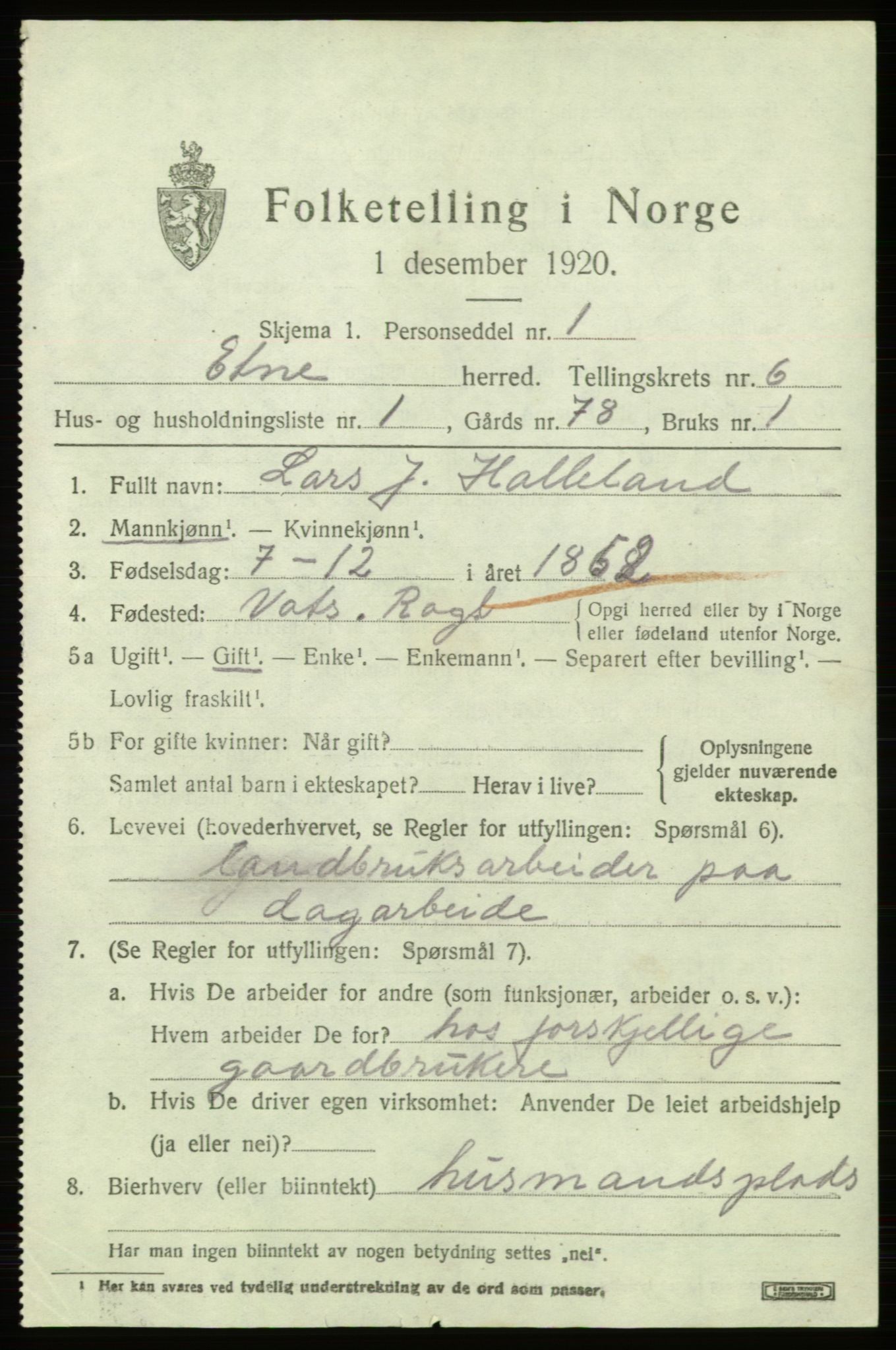 SAB, 1920 census for Etne, 1920, p. 2721