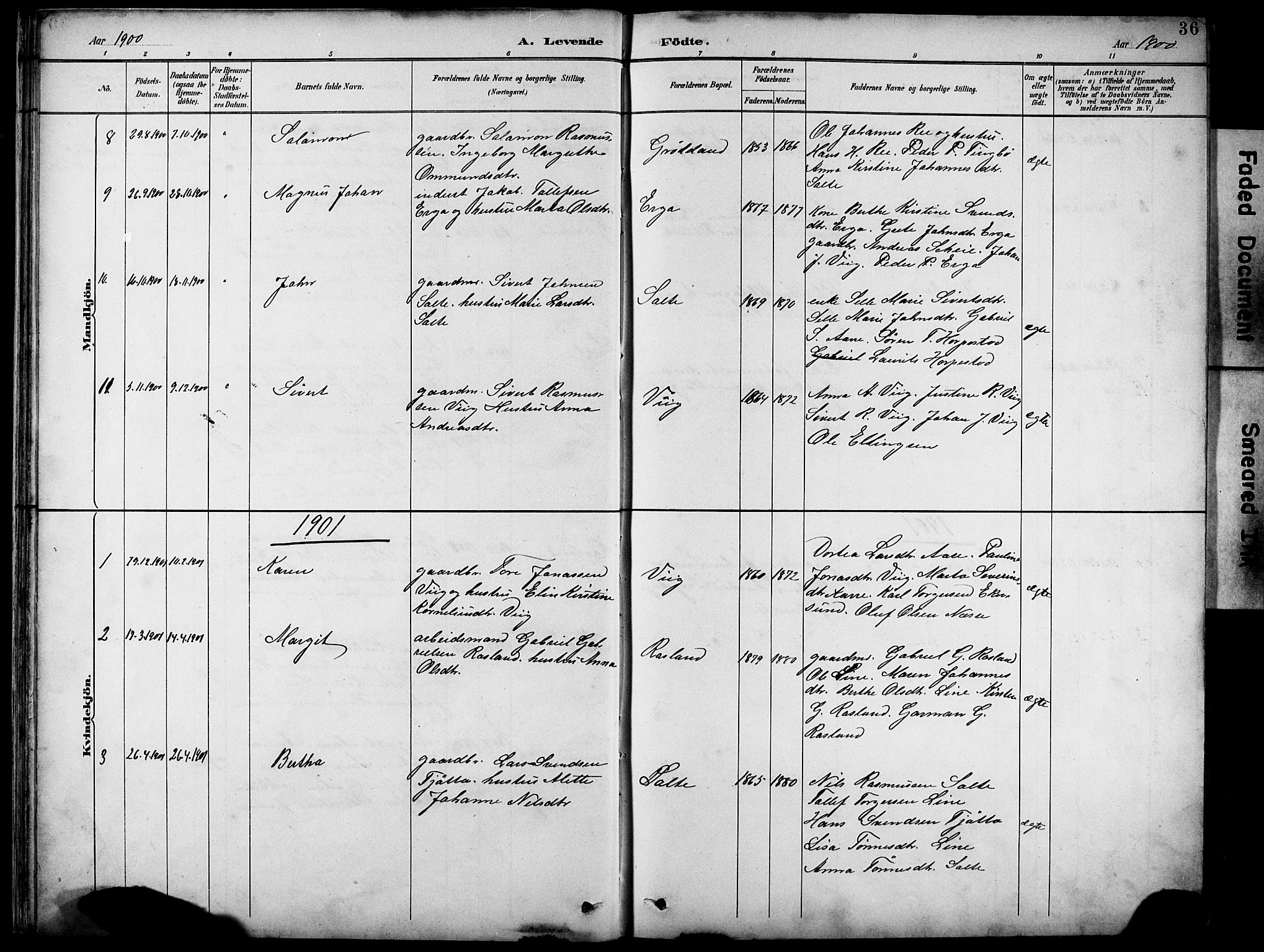 Klepp sokneprestkontor, SAST/A-101803/001/3/30BB/L0005: Parish register (copy) no. B 5, 1889-1918, p. 36