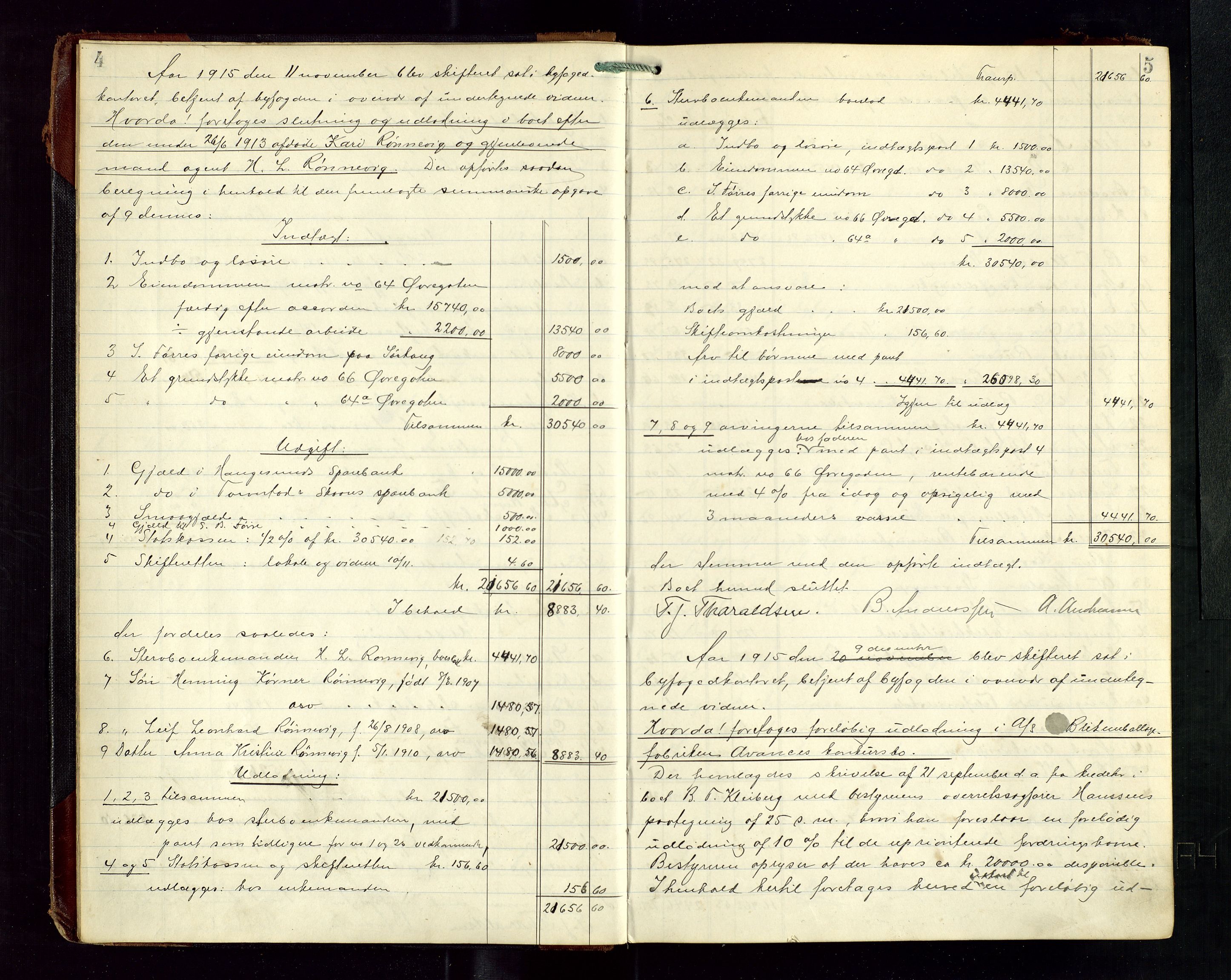 Haugesund tingrett, AV/SAST-A-101415/01/IV/IVD/L0003: Skifteutlodningsprotokoll, med register, 1915-1924, p. 4-5