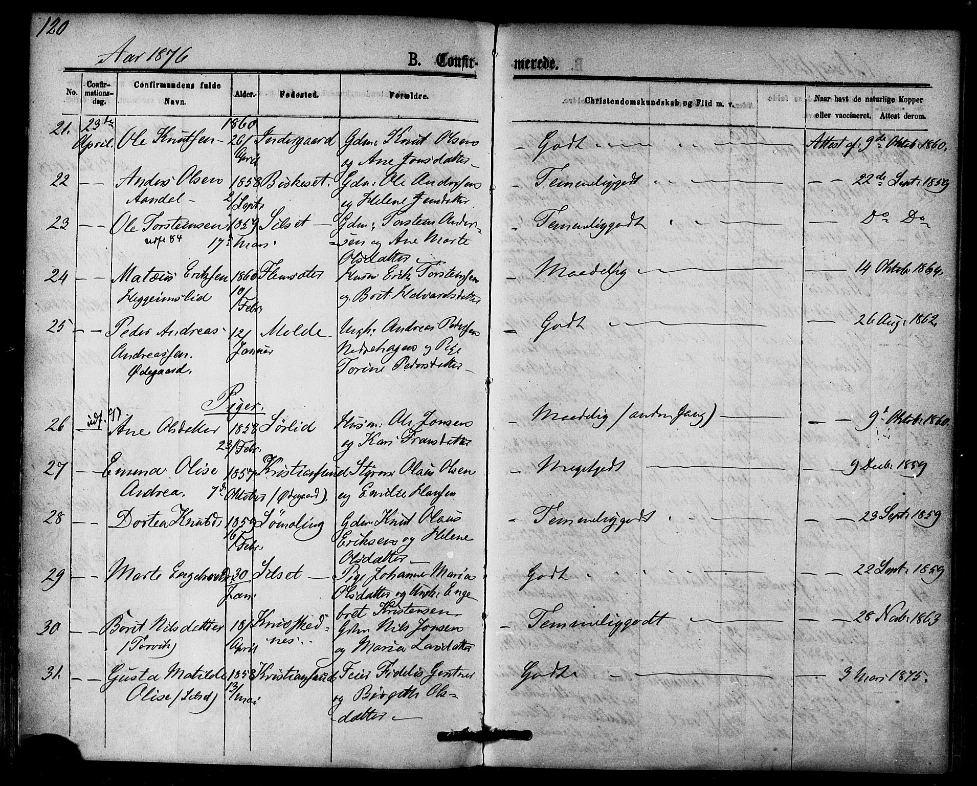 Ministerialprotokoller, klokkerbøker og fødselsregistre - Møre og Romsdal, AV/SAT-A-1454/584/L0966: Parish register (official) no. 584A06, 1869-1878, p. 120