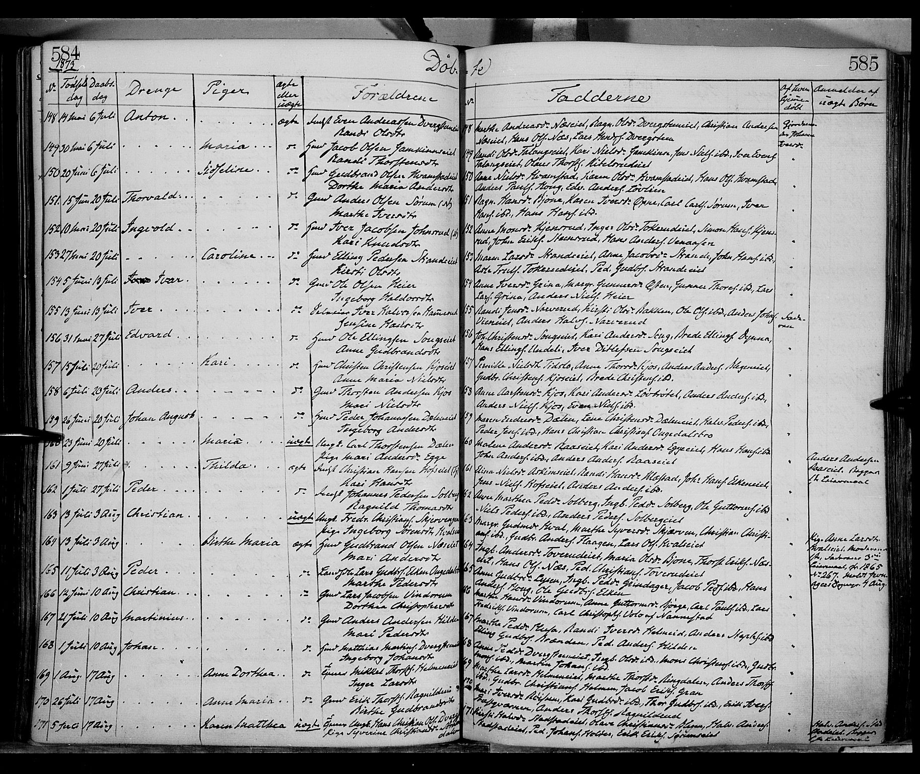 Gran prestekontor, AV/SAH-PREST-112/H/Ha/Haa/L0012: Parish register (official) no. 12, 1856-1874, p. 584-585