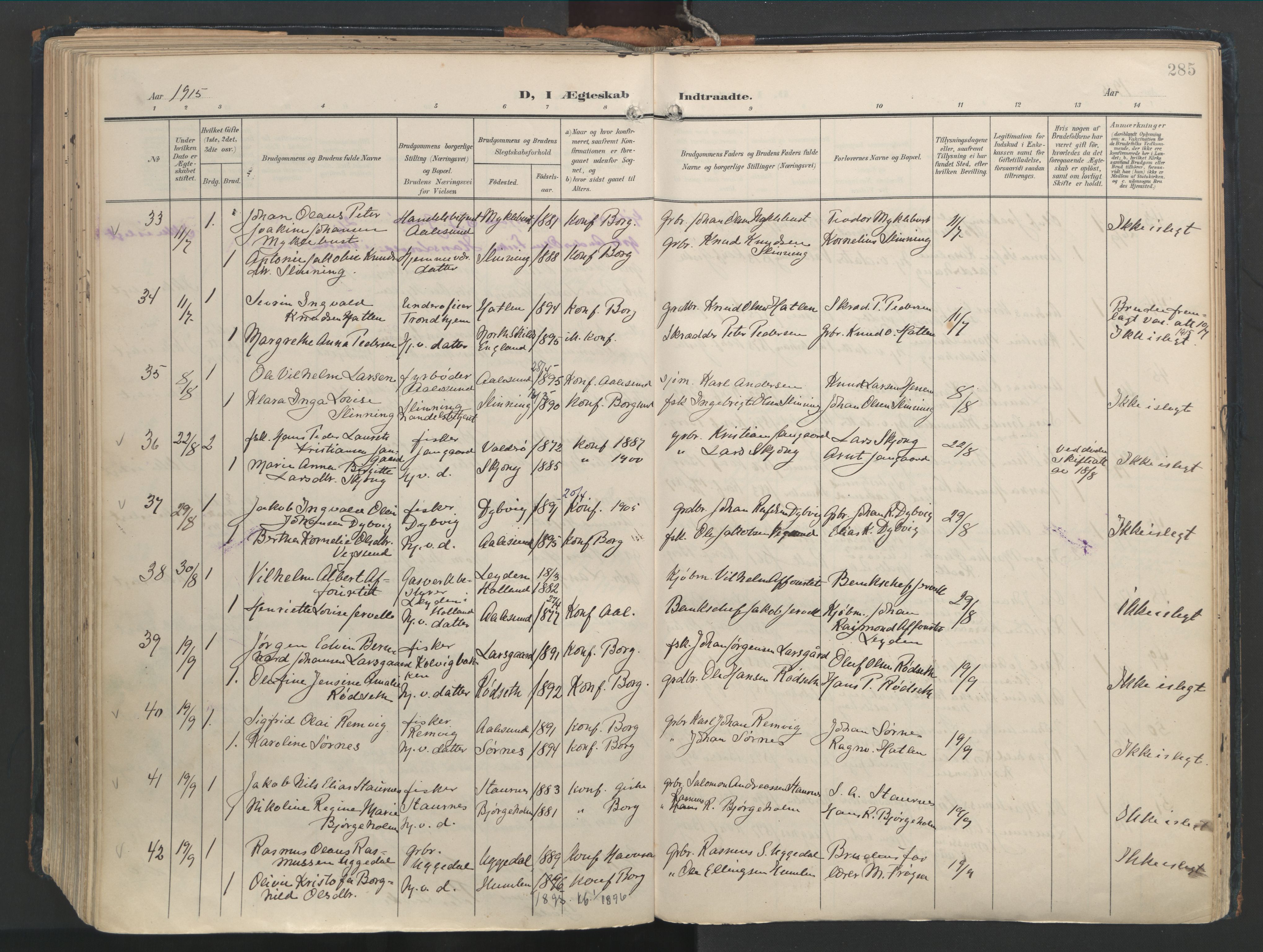 Ministerialprotokoller, klokkerbøker og fødselsregistre - Møre og Romsdal, AV/SAT-A-1454/528/L0411: Parish register (official) no. 528A20, 1907-1920, p. 285