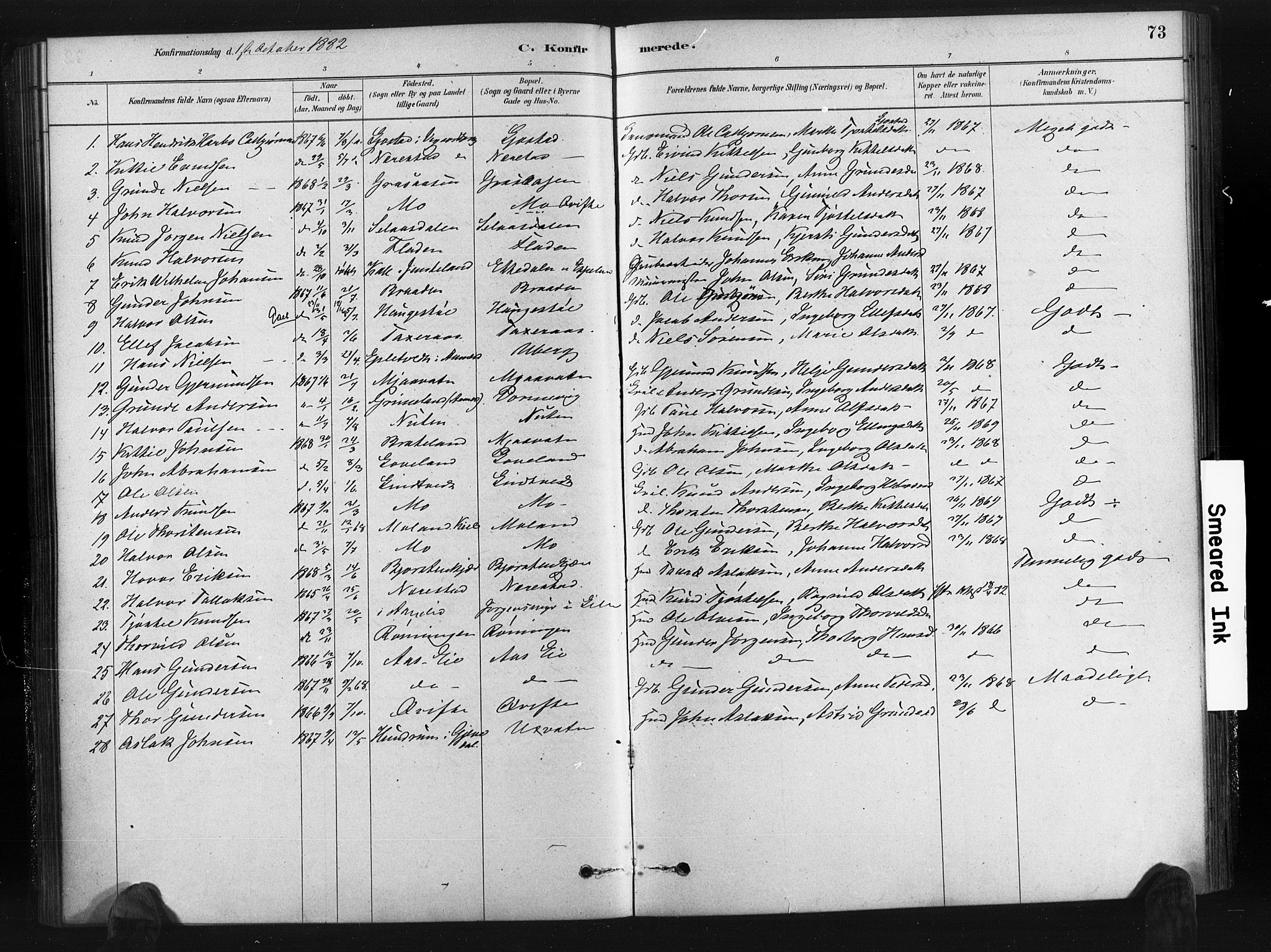 Gjerstad sokneprestkontor, AV/SAK-1111-0014/F/Fa/Fab/L0004: Parish register (official) no. A 4, 1879-1890, p. 73