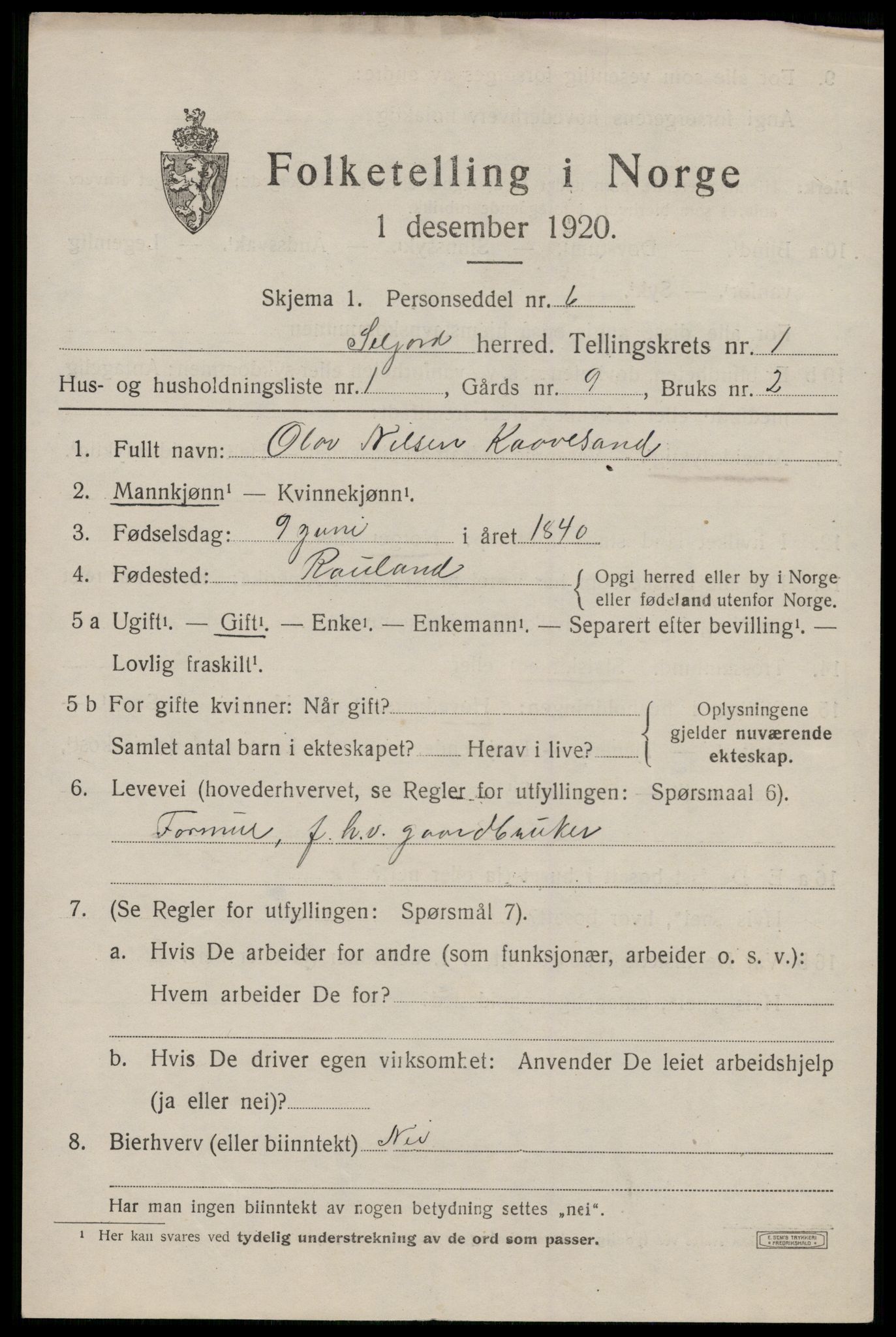 SAKO, 1920 census for Seljord, 1920, p. 1234
