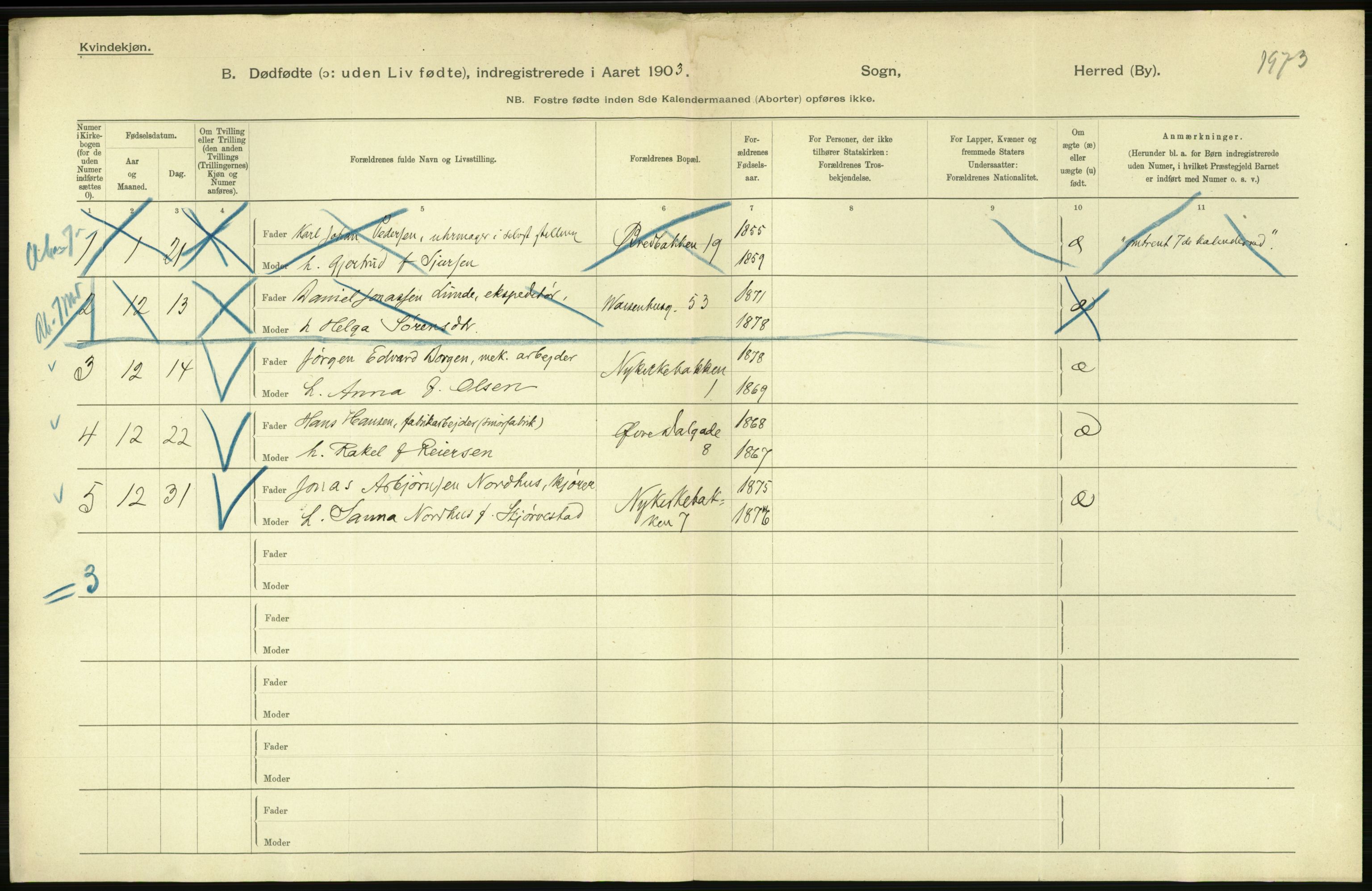 Statistisk sentralbyrå, Sosiodemografiske emner, Befolkning, RA/S-2228/D/Df/Dfa/Dfaa/L0026: Smålenenes - Finnmarkens amt: Dødfødte. Byer., 1903, p. 168