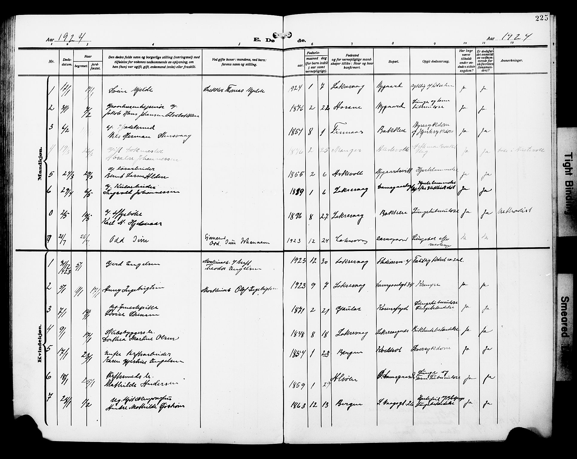 Laksevåg Sokneprestembete, AV/SAB-A-76501/H/Ha/Hab/Haba/L0006: Parish register (copy) no. A 6, 1917-1925, p. 225