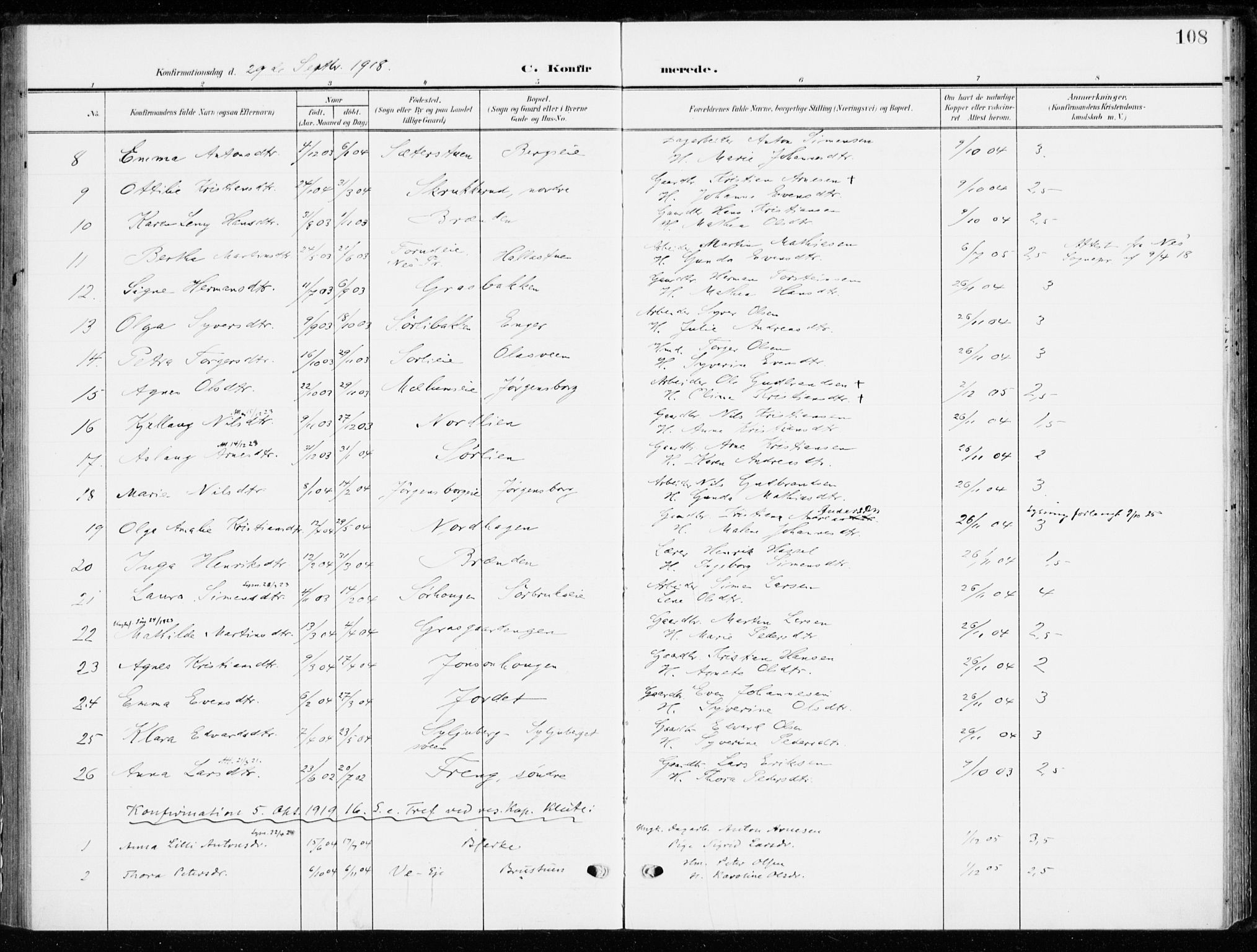 Ringsaker prestekontor, SAH/PREST-014/K/Ka/L0021: Parish register (official) no. 21, 1905-1920, p. 108
