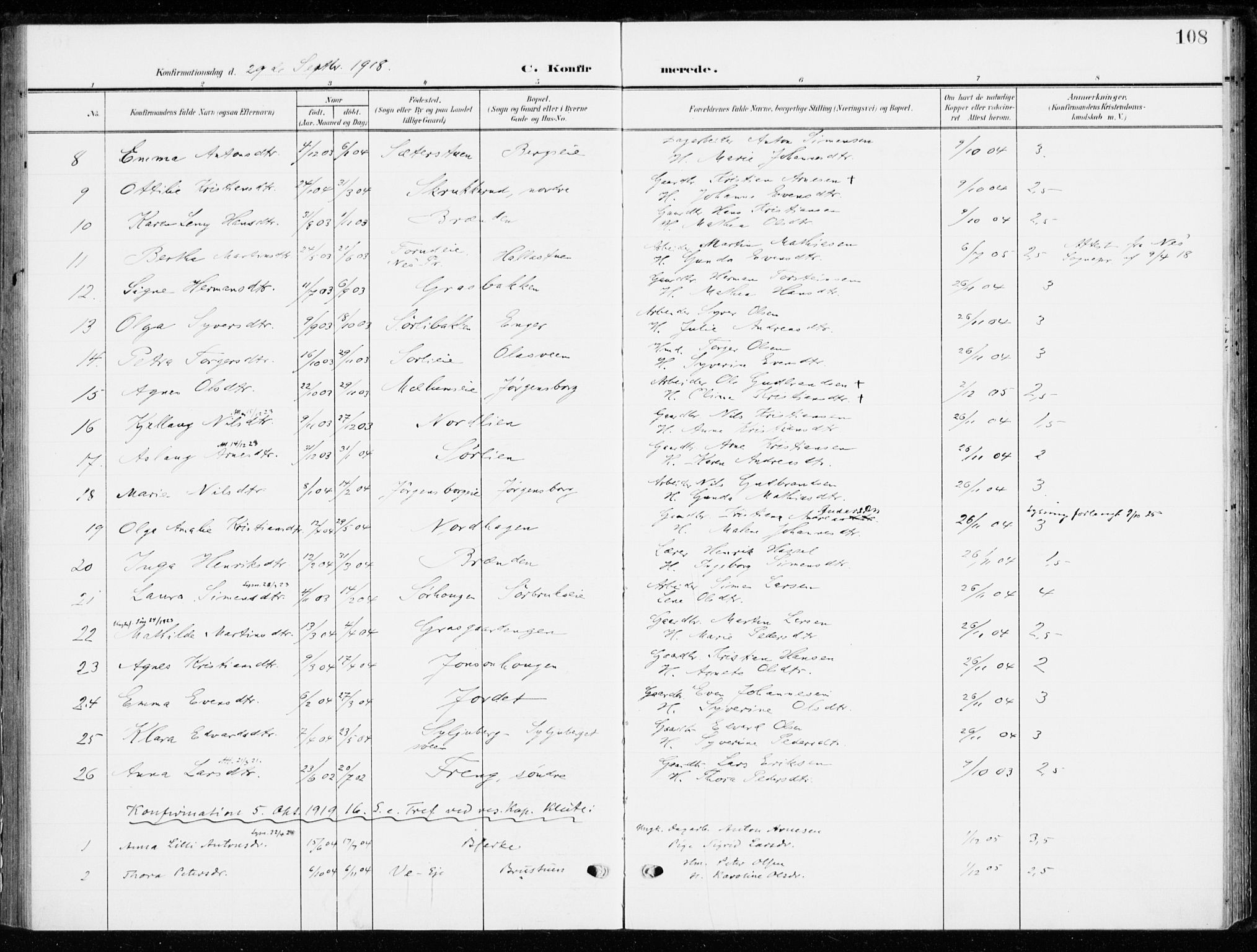 Ringsaker prestekontor, AV/SAH-PREST-014/K/Ka/L0021: Parish register (official) no. 21, 1905-1920, p. 108