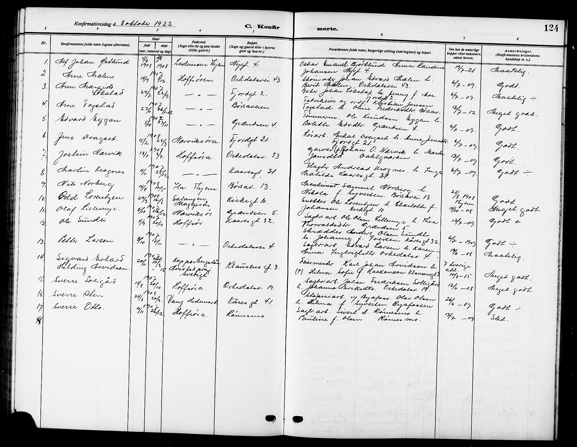 Ministerialprotokoller, klokkerbøker og fødselsregistre - Sør-Trøndelag, SAT/A-1456/669/L0831: Parish register (copy) no. 669C01, 1909-1924, p. 124