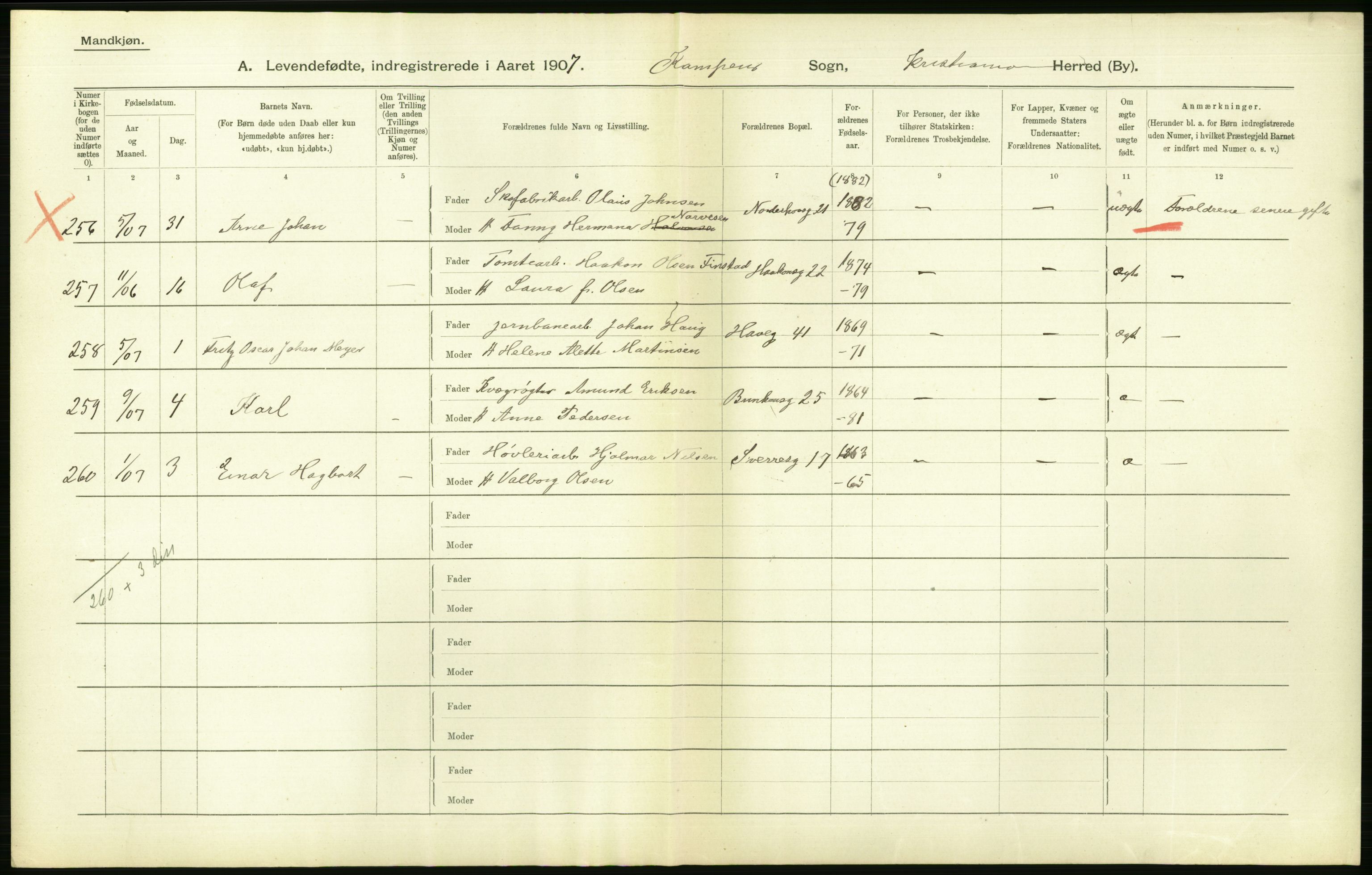 Statistisk sentralbyrå, Sosiodemografiske emner, Befolkning, AV/RA-S-2228/D/Df/Dfa/Dfae/L0007: Kristiania: Levendefødte menn og kvinner., 1907, p. 424