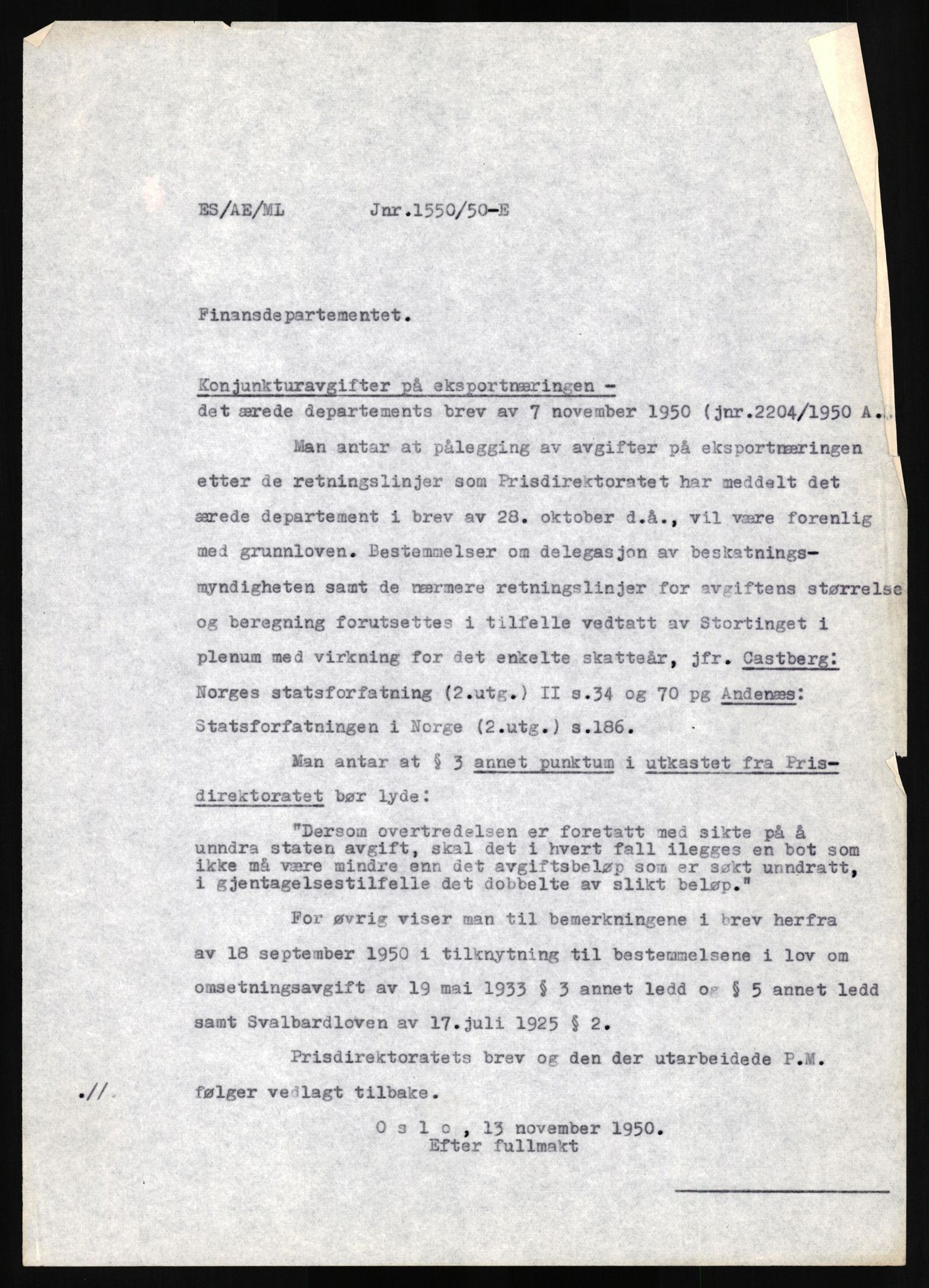 Justisdepartementet, Lovavdelingen, AV/RA-S-3212/D/Dh/L0284/0001: Lover / Uttalelser om lovutkast: Jnr. 455 - 1757. 3 mapper, 1950, p. 693