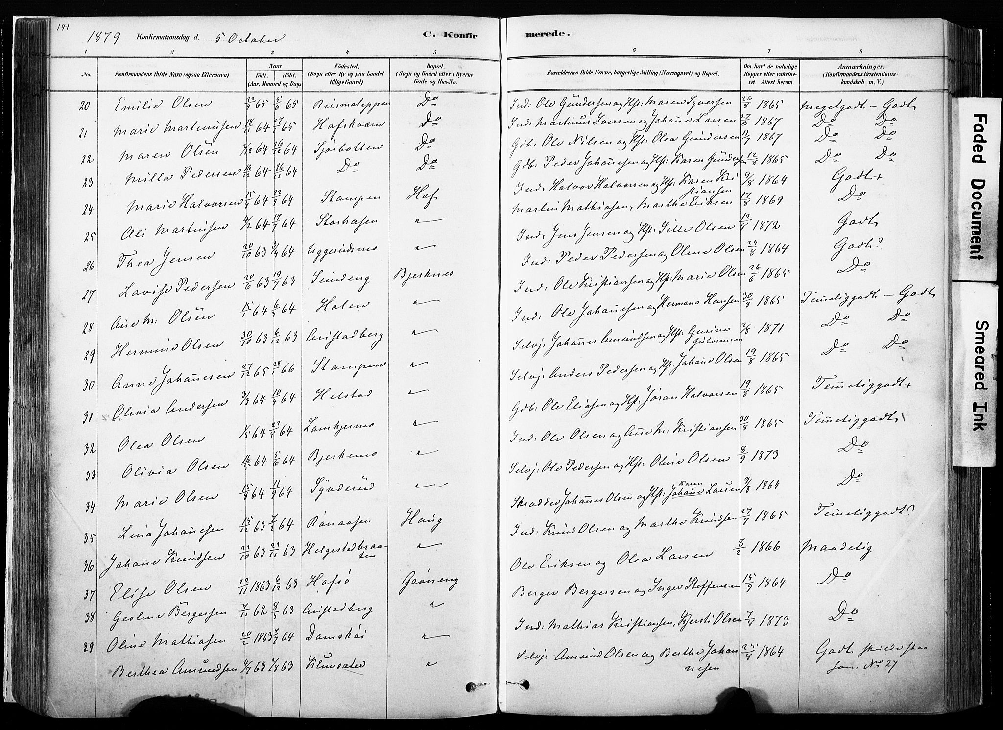 Hof prestekontor, AV/SAH-PREST-038/H/Ha/Haa/L0010: Parish register (official) no. 10, 1878-1909, p. 141