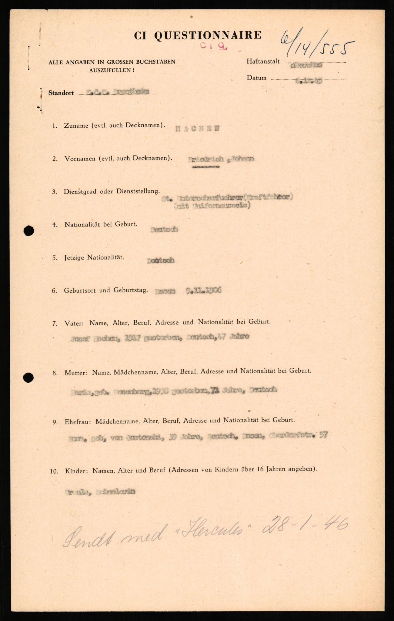 Forsvaret, Forsvarets overkommando II, RA/RAFA-3915/D/Db/L0011: CI Questionaires. Tyske okkupasjonsstyrker i Norge. Tyskere., 1945-1946, p. 142