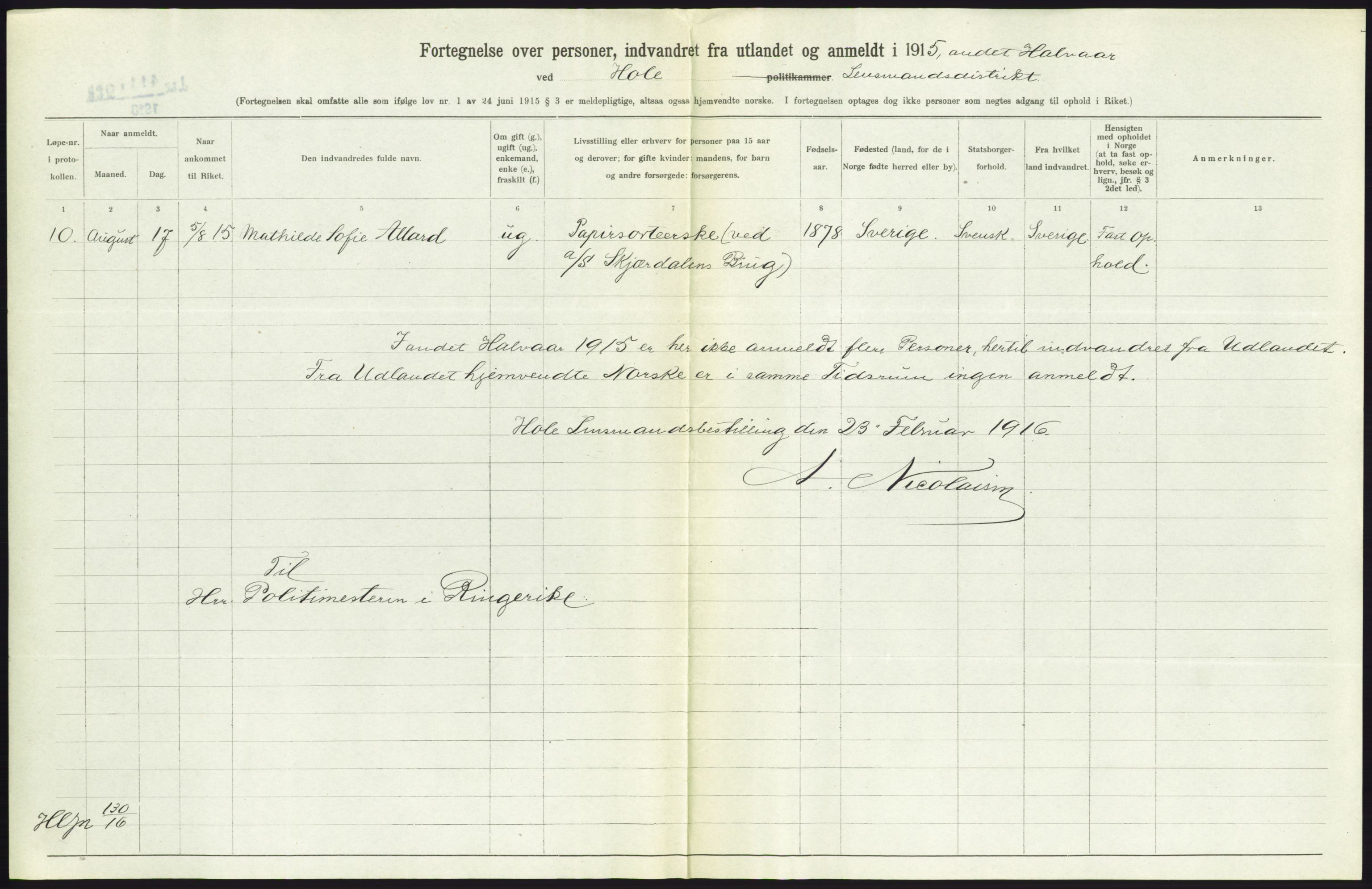 Statistisk sentralbyrå, Sosioøkonomiske emner, Folketellinger, boliger og boforhold, AV/RA-S-2231/F/Fa/L0001: Innvandring. Navn/fylkesvis, 1915, p. 284