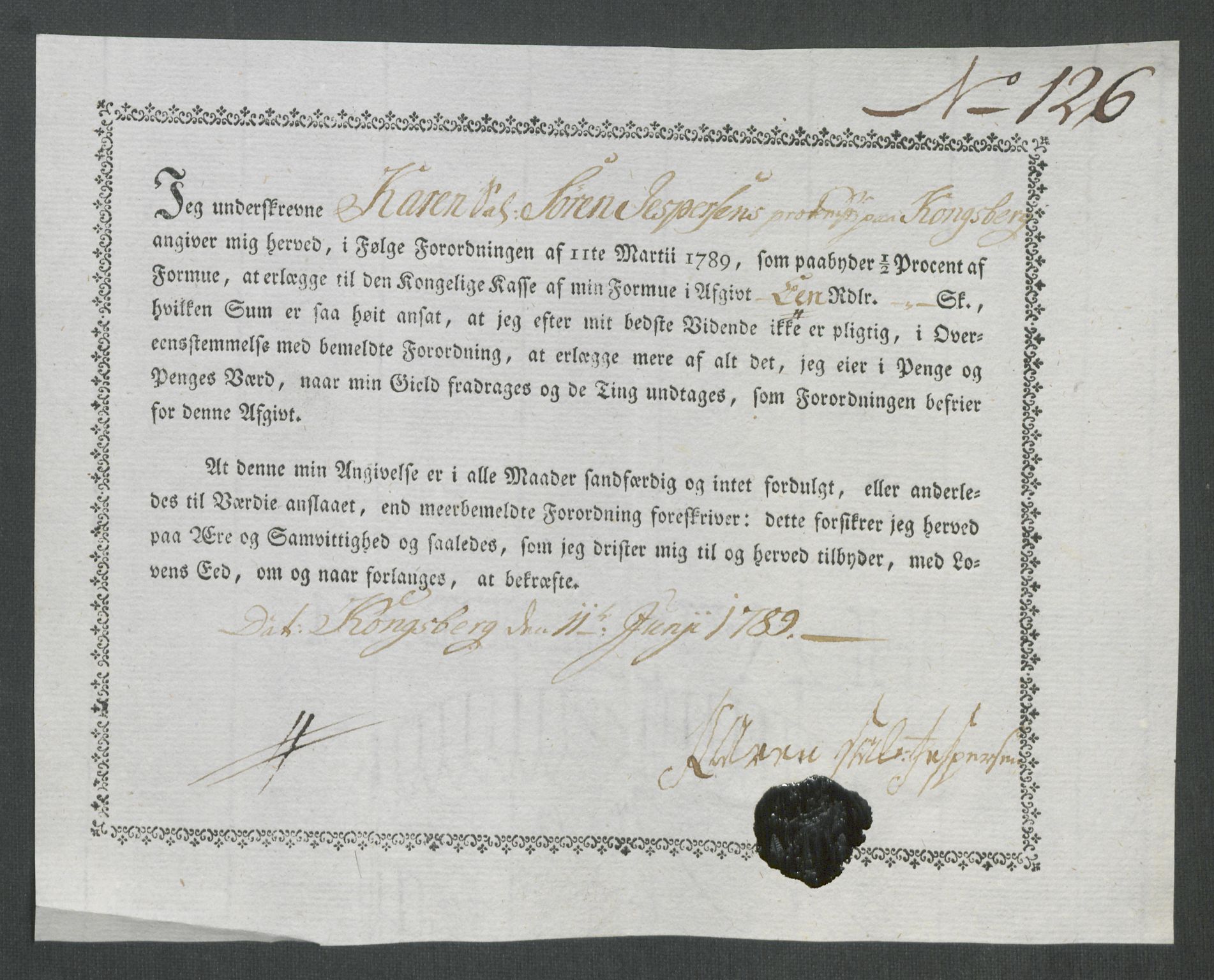 Rentekammeret inntil 1814, Reviderte regnskaper, Mindre regnskaper, AV/RA-EA-4068/Rf/Rfe/L0019: Jæren og Dalane fogderi, Kongsberg, 1789, p. 335