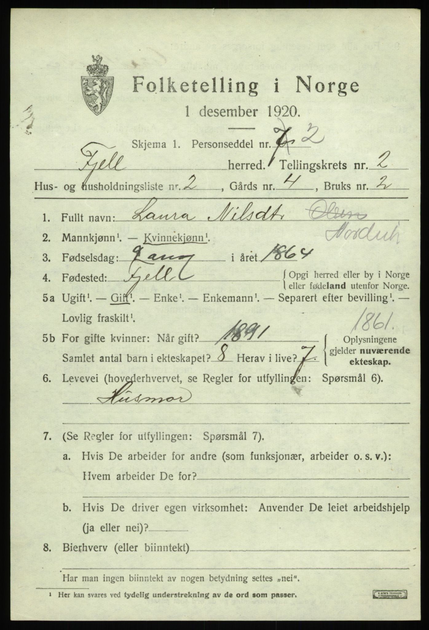 SAB, 1920 census for Fjell, 1920, p. 2264