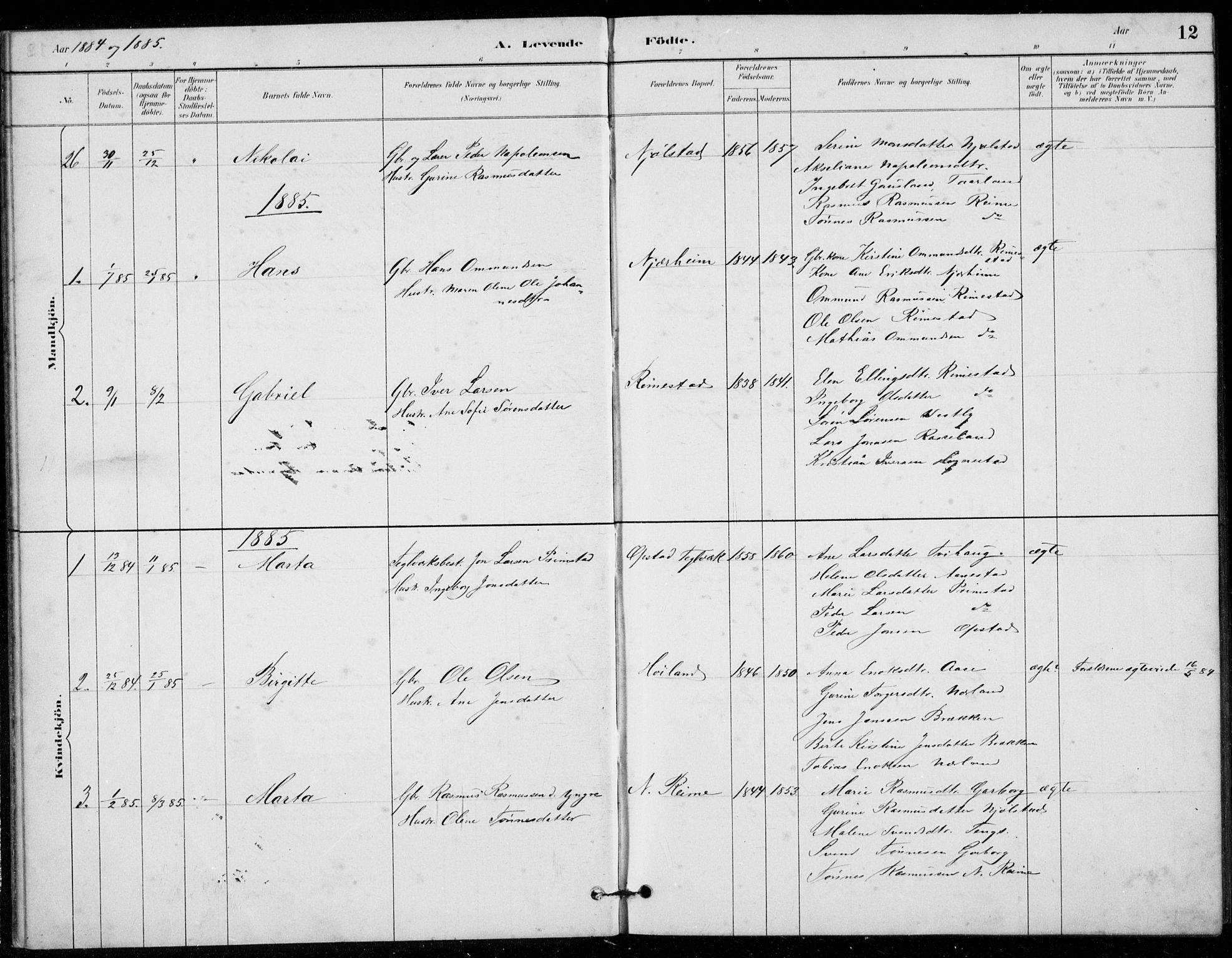 Hå sokneprestkontor, AV/SAST-A-101801/001/30BB/L0003: Parish register (copy) no. B 3, 1883-1894, p. 12