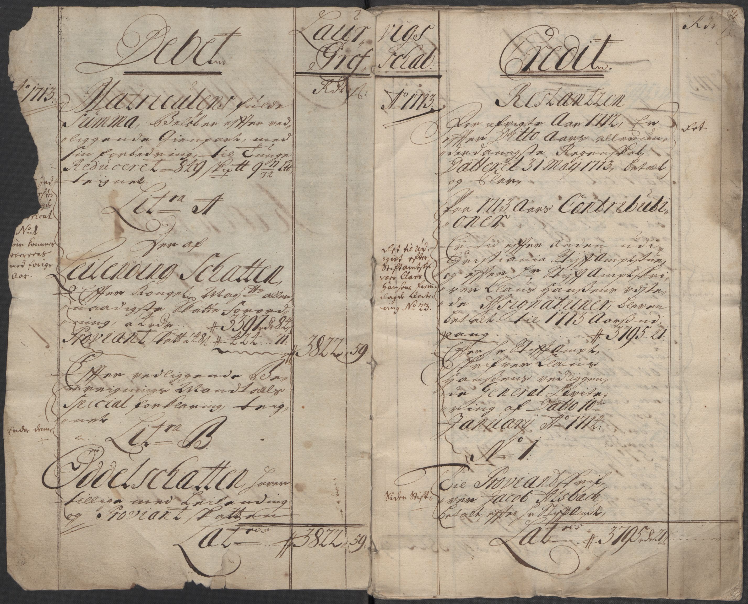 Rentekammeret inntil 1814, Reviderte regnskaper, Fogderegnskap, RA/EA-4092/R33/L1985: Fogderegnskap Larvik grevskap, 1713, p. 4