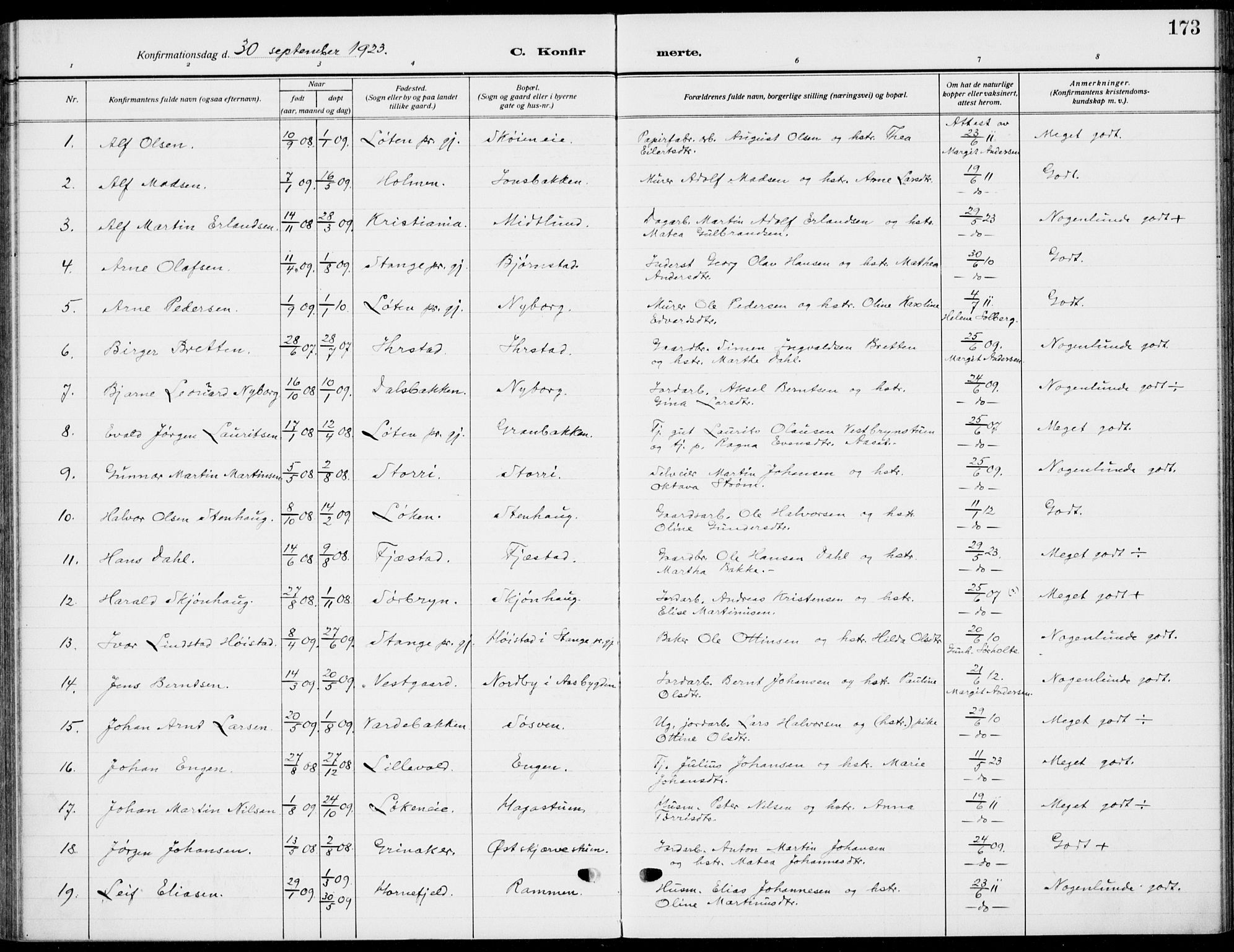 Romedal prestekontor, AV/SAH-PREST-004/K/L0012: Parish register (official) no. 12, 1913-1935, p. 173