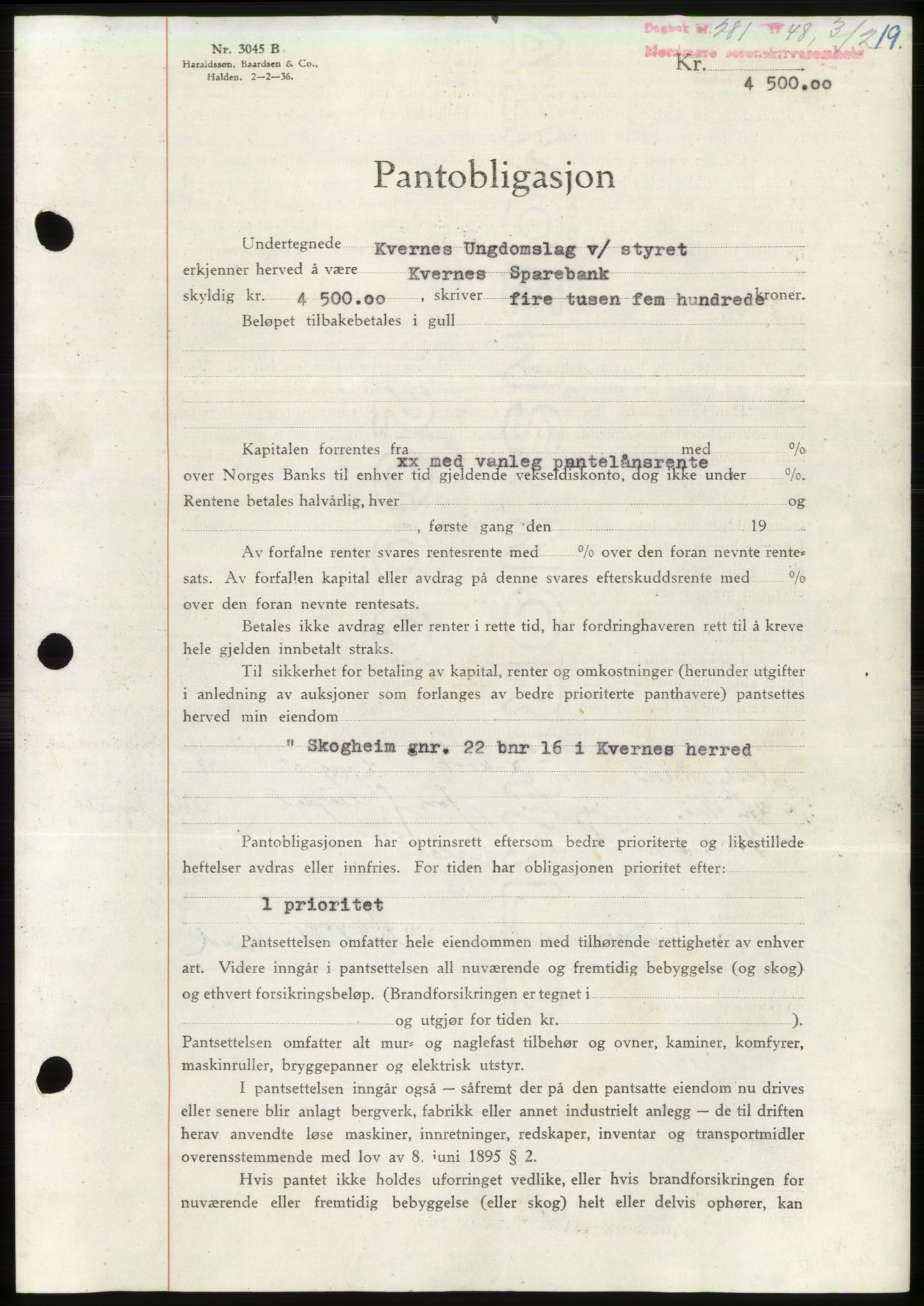 Nordmøre sorenskriveri, AV/SAT-A-4132/1/2/2Ca: Mortgage book no. B98, 1948-1948, Diary no: : 281/1948