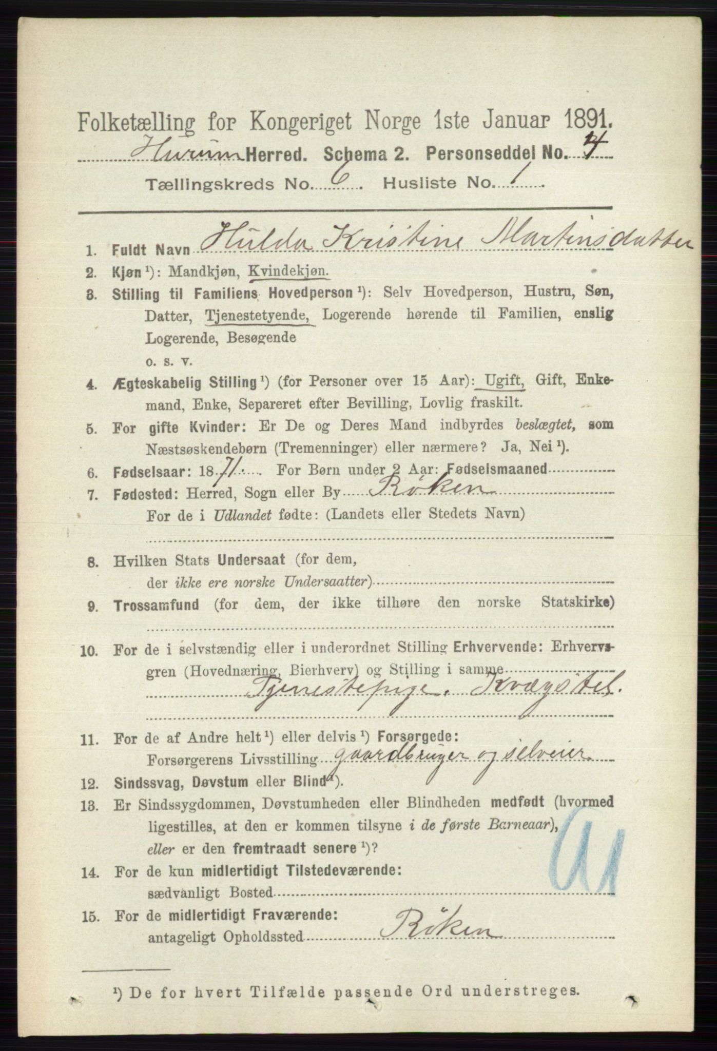 RA, 1891 census for 0628 Hurum, 1891, p. 1980