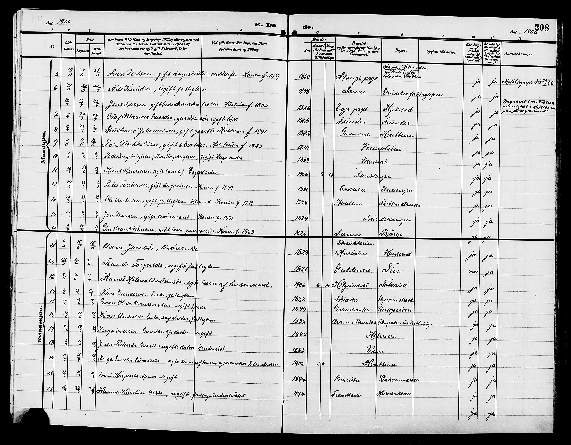 Gran prestekontor, AV/SAH-PREST-112/H/Ha/Hab/L0006: Parish register (copy) no. 6, 1901-1911, p. 208