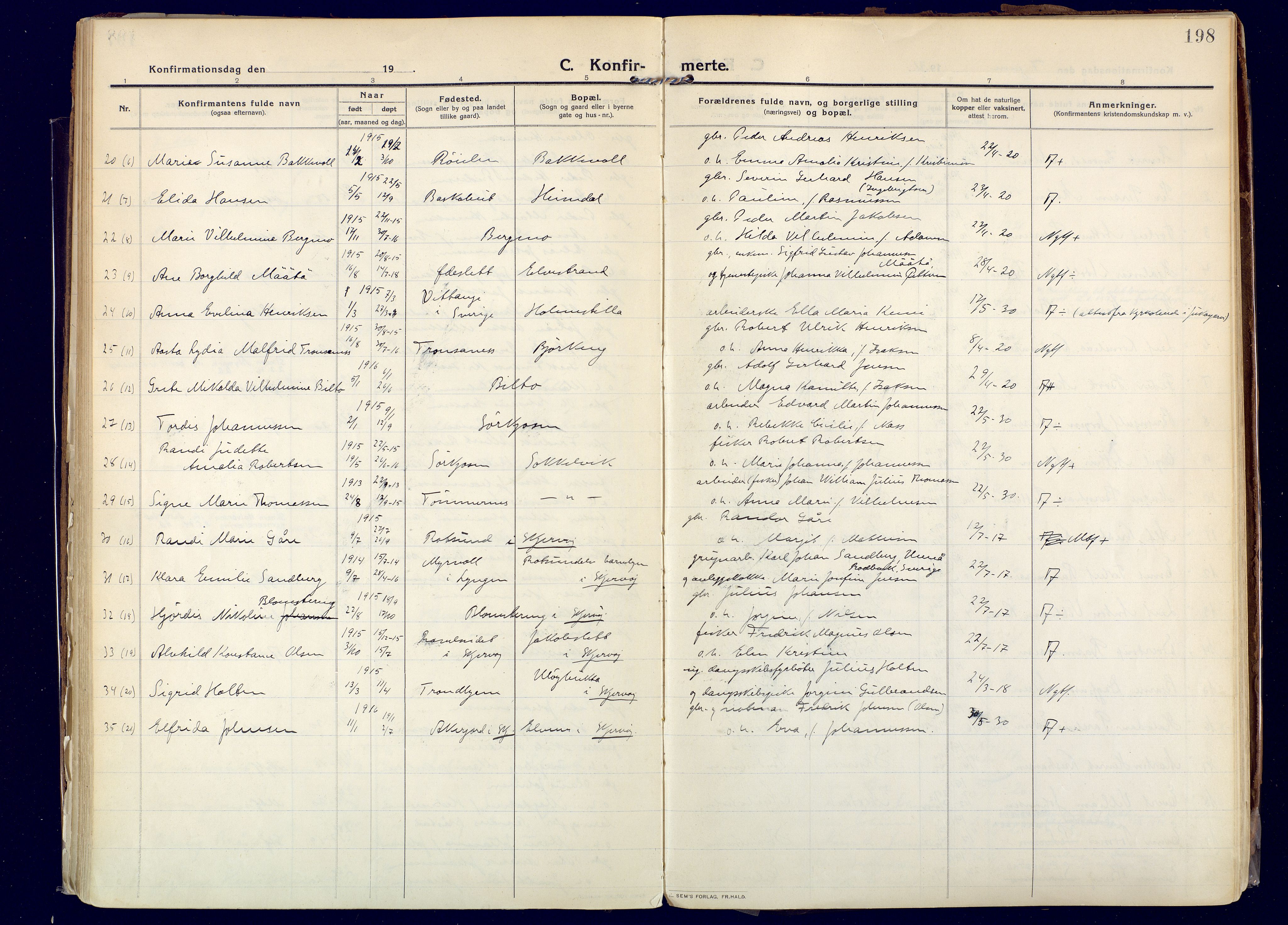 Skjervøy sokneprestkontor, AV/SATØ-S-1300/H/Ha/Haa: Parish register (official) no. 20, 1911-1931, p. 198