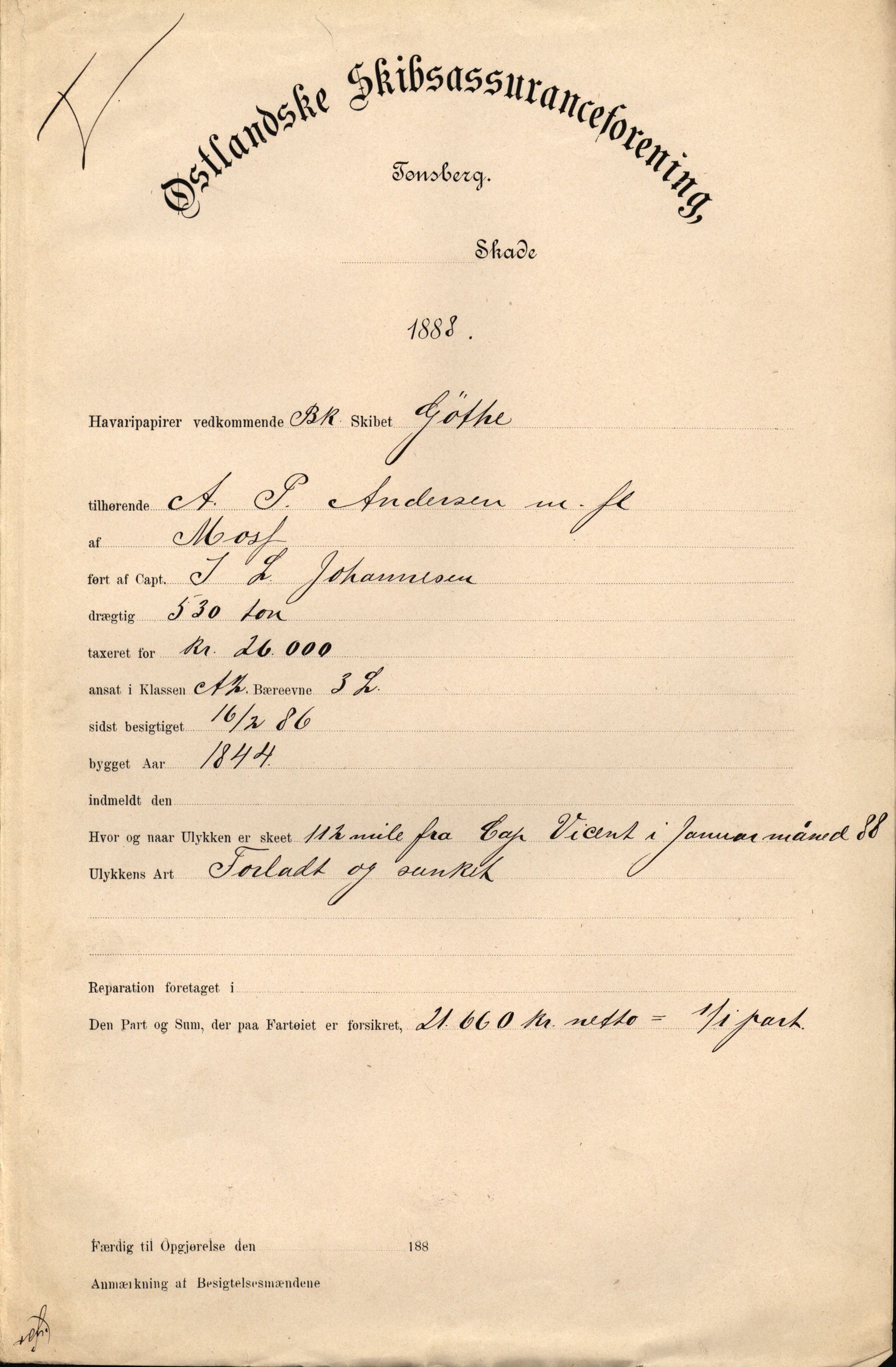 Pa 63 - Østlandske skibsassuranceforening, VEMU/A-1079/G/Ga/L0021/0006: Havaridokumenter / Gøthe, Granit, Granen, Harmonie, Lindsay, 1888, p. 1