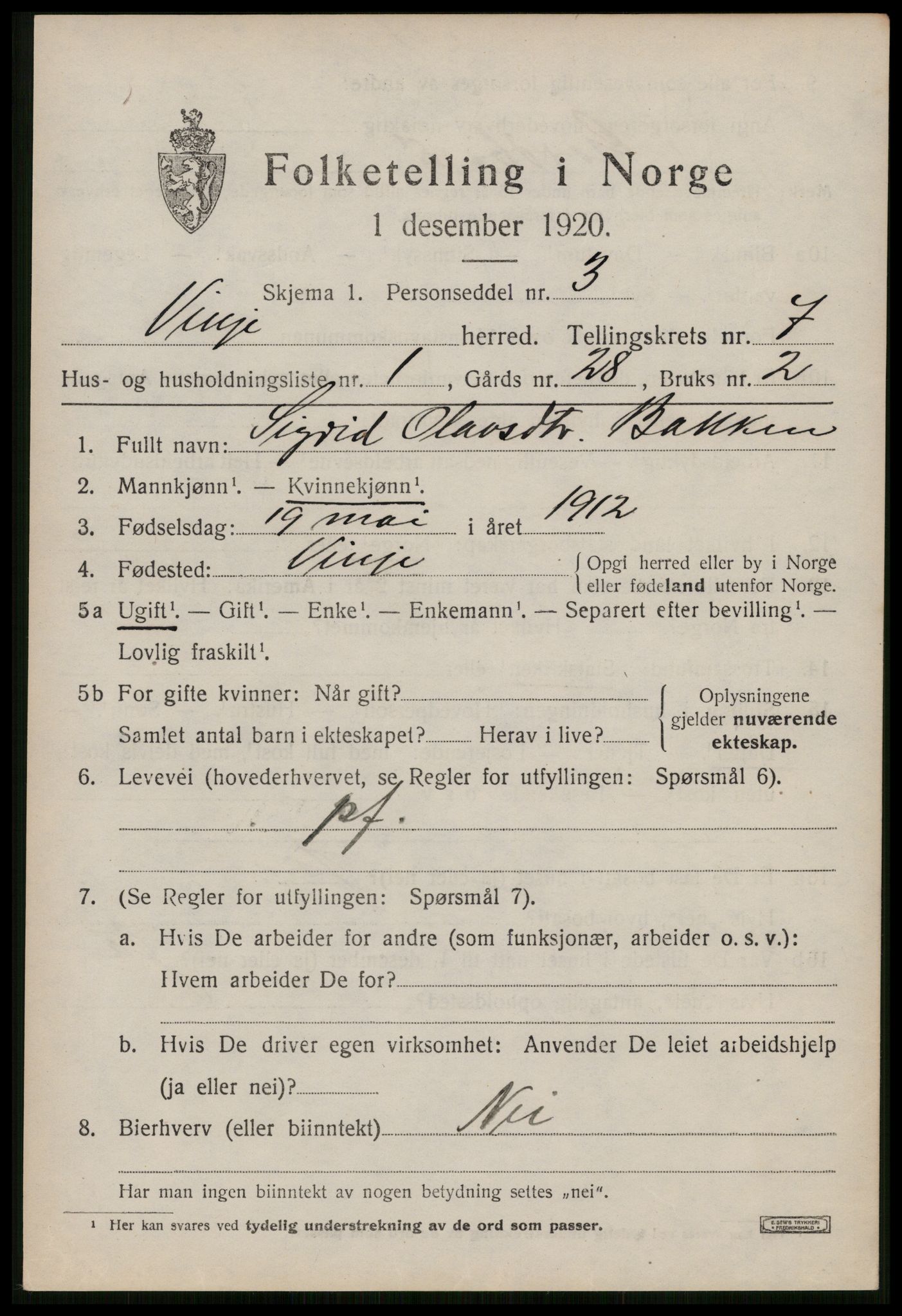 SAKO, 1920 census for Vinje, 1920, p. 1979