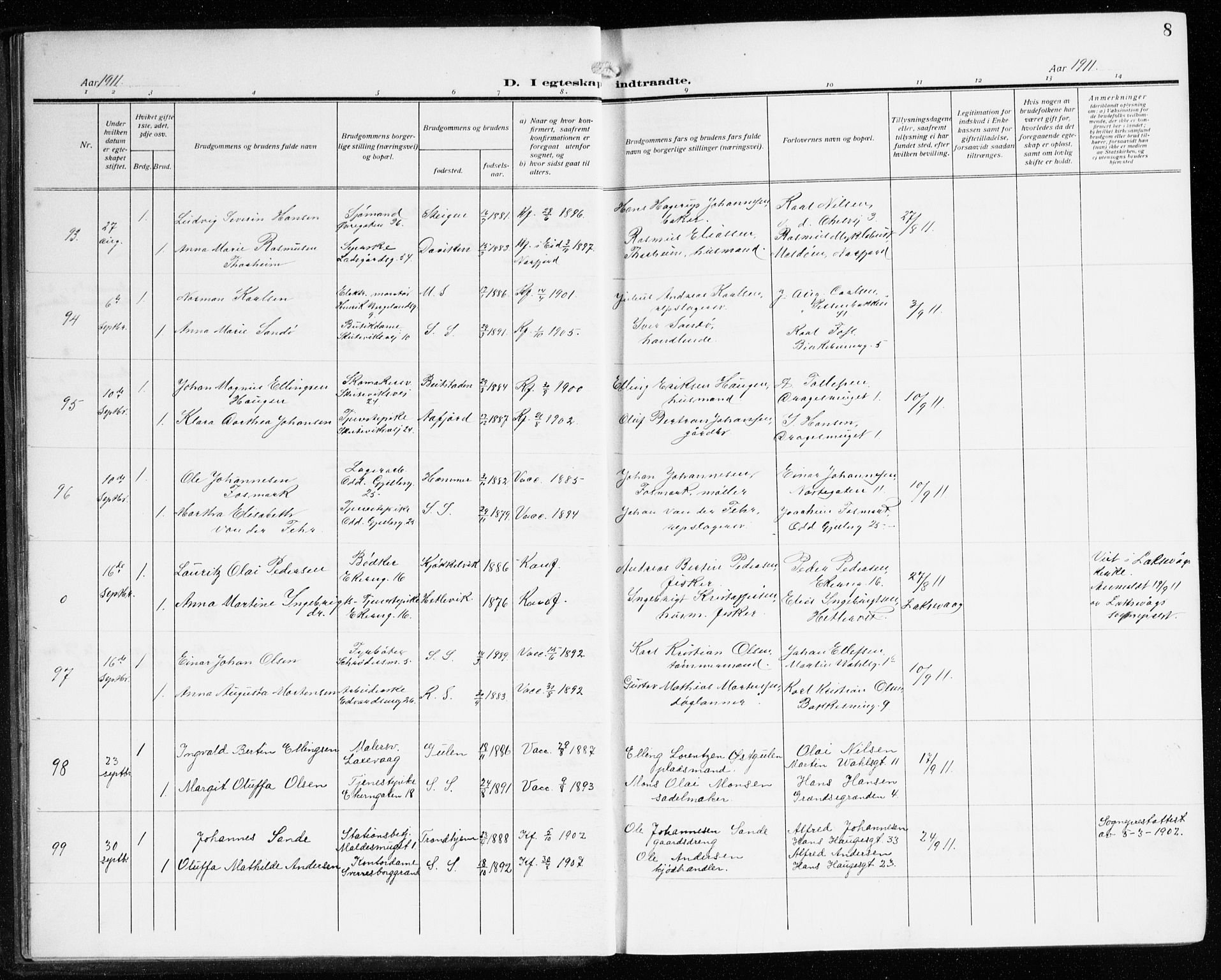 Sandviken Sokneprestembete, SAB/A-77601/H/Ha/L0015: Parish register (official) no. D 2, 1911-1923, p. 8