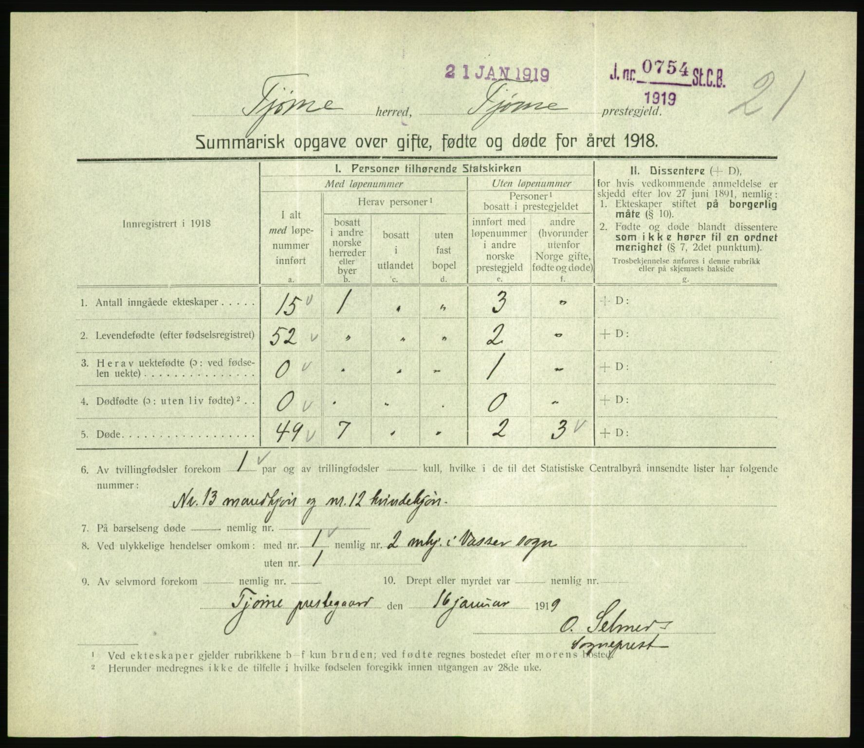 Statistisk sentralbyrå, Sosiodemografiske emner, Befolkning, RA/S-2228/D/Df/Dfb/Dfbh/L0059: Summariske oppgaver over gifte, fødte og døde for hele landet., 1918, p. 509