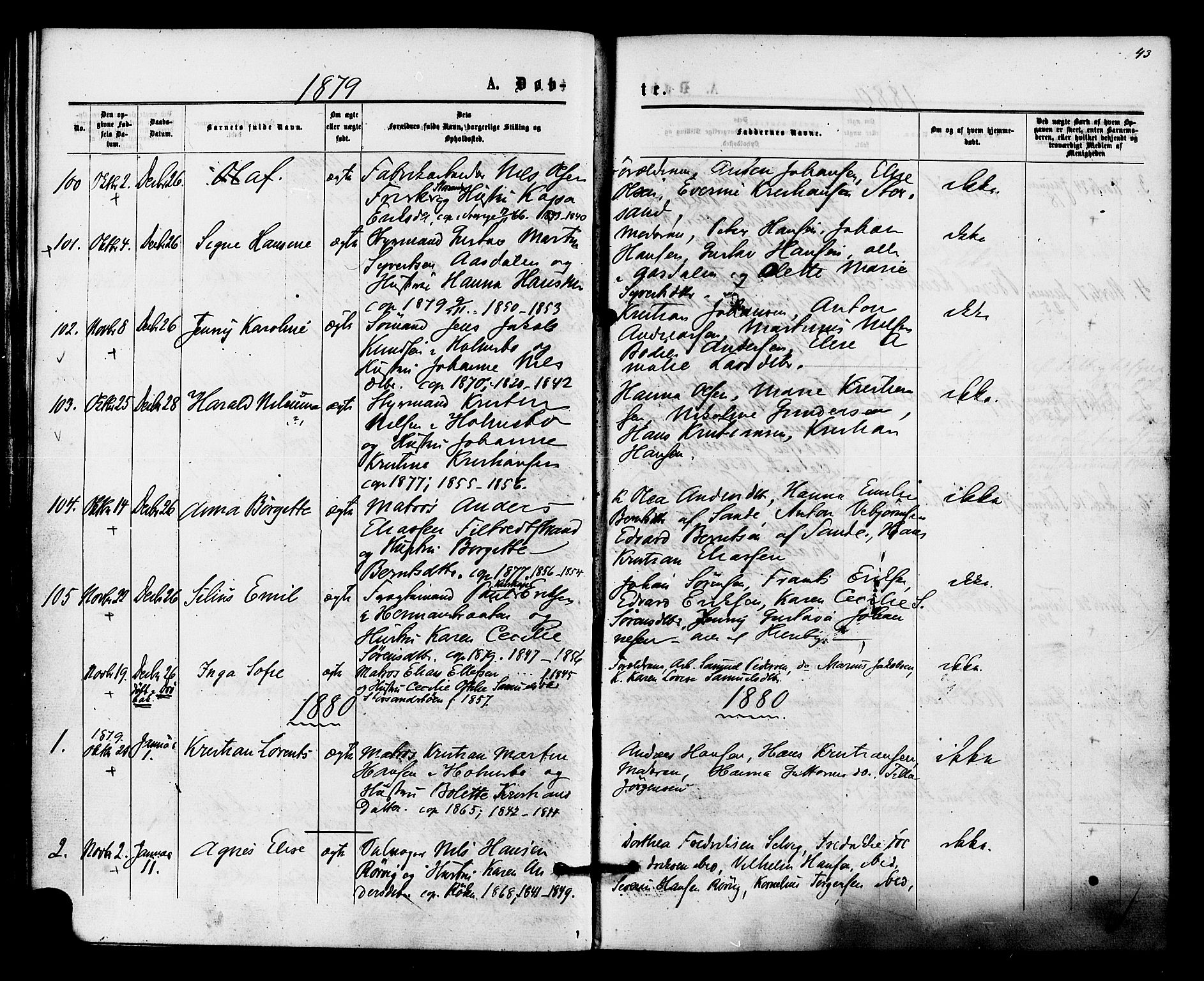 Hurum kirkebøker, SAKO/A-229/F/Fa/L0013: Parish register (official) no. 13, 1876-1881, p. 43
