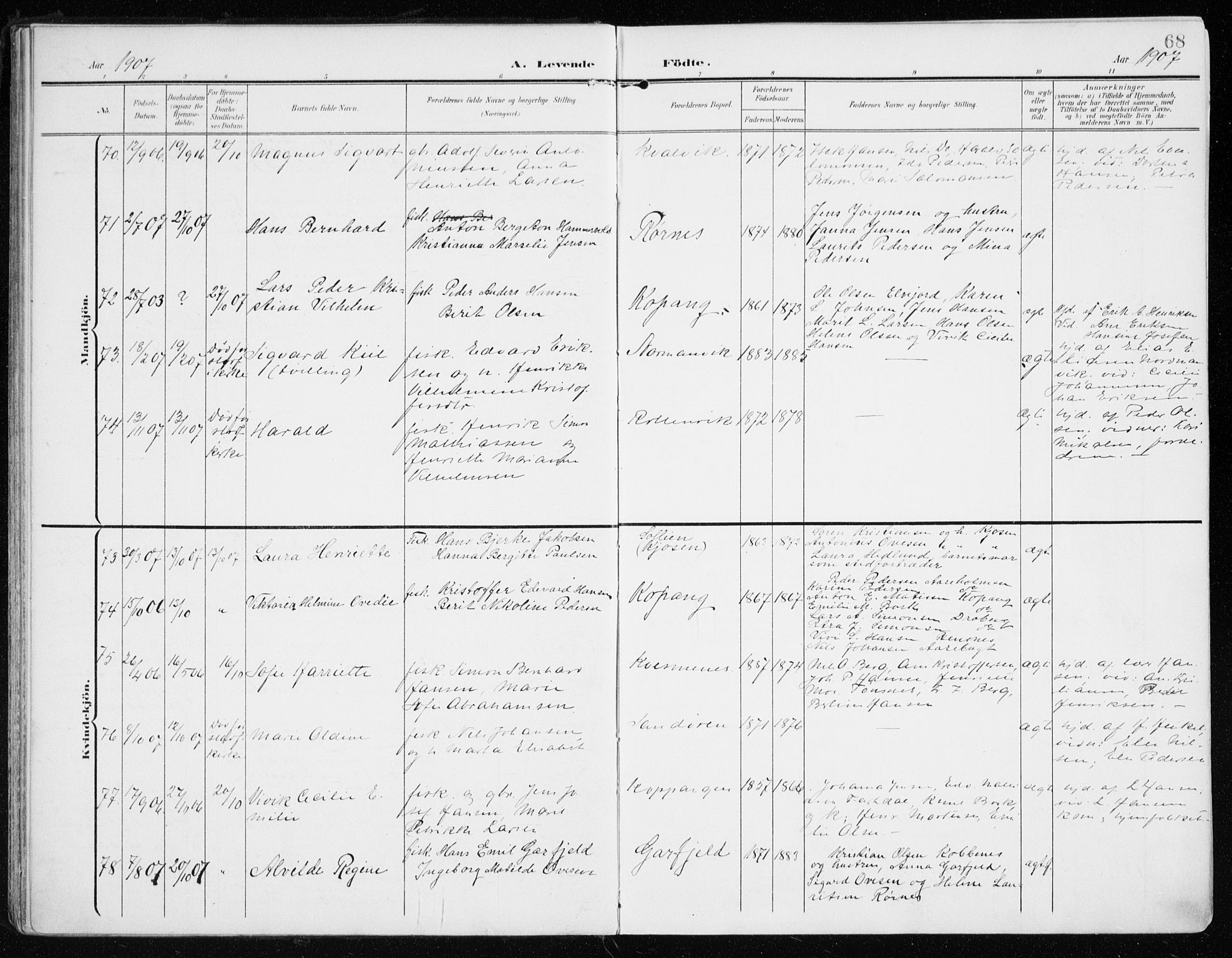 Lyngen sokneprestembete, AV/SATØ-S-1289/H/He/Hea/L0011kirke: Parish register (official) no. 11, 1903-1913, p. 68