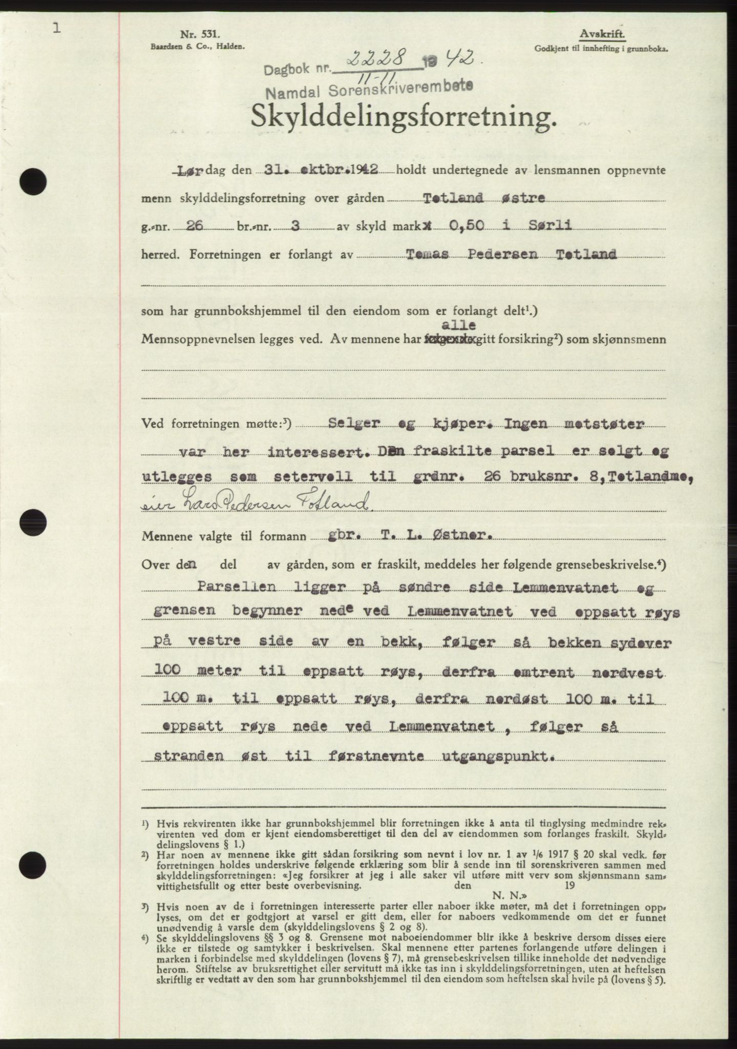 Namdal sorenskriveri, SAT/A-4133/1/2/2C: Mortgage book no. -, 1942-1943, Diary no: : 2228/1942