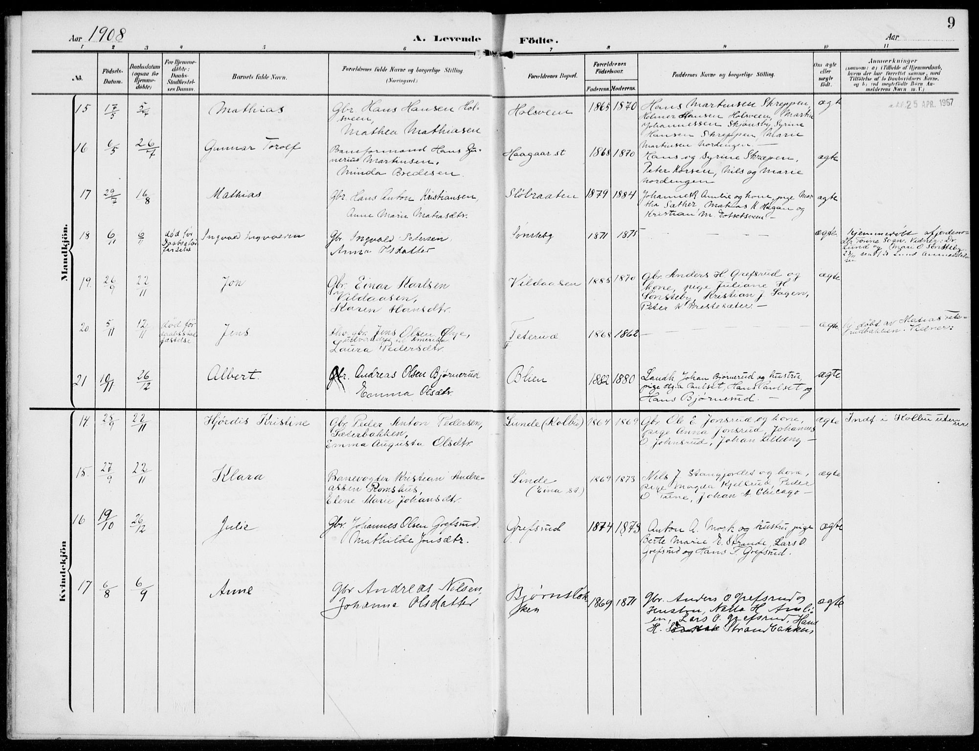 Kolbu prestekontor, SAH/PREST-110/H/Ha/Haa/L0001: Parish register (official) no. 1, 1907-1923, p. 9