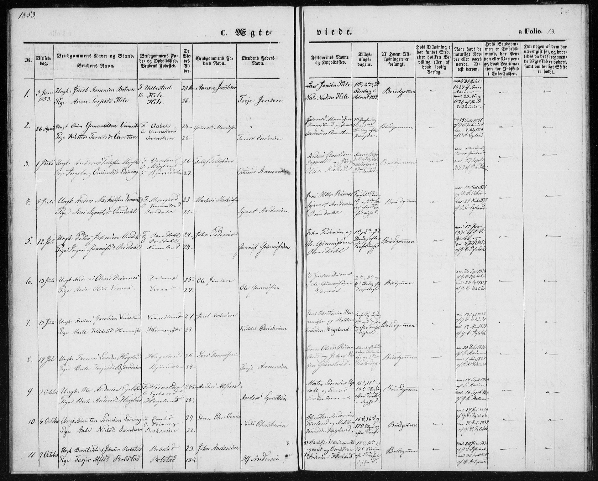 Vennesla sokneprestkontor, AV/SAK-1111-0045/Fa/Fac/L0006: Parish register (official) no. A 6, 1846-1855, p. 13