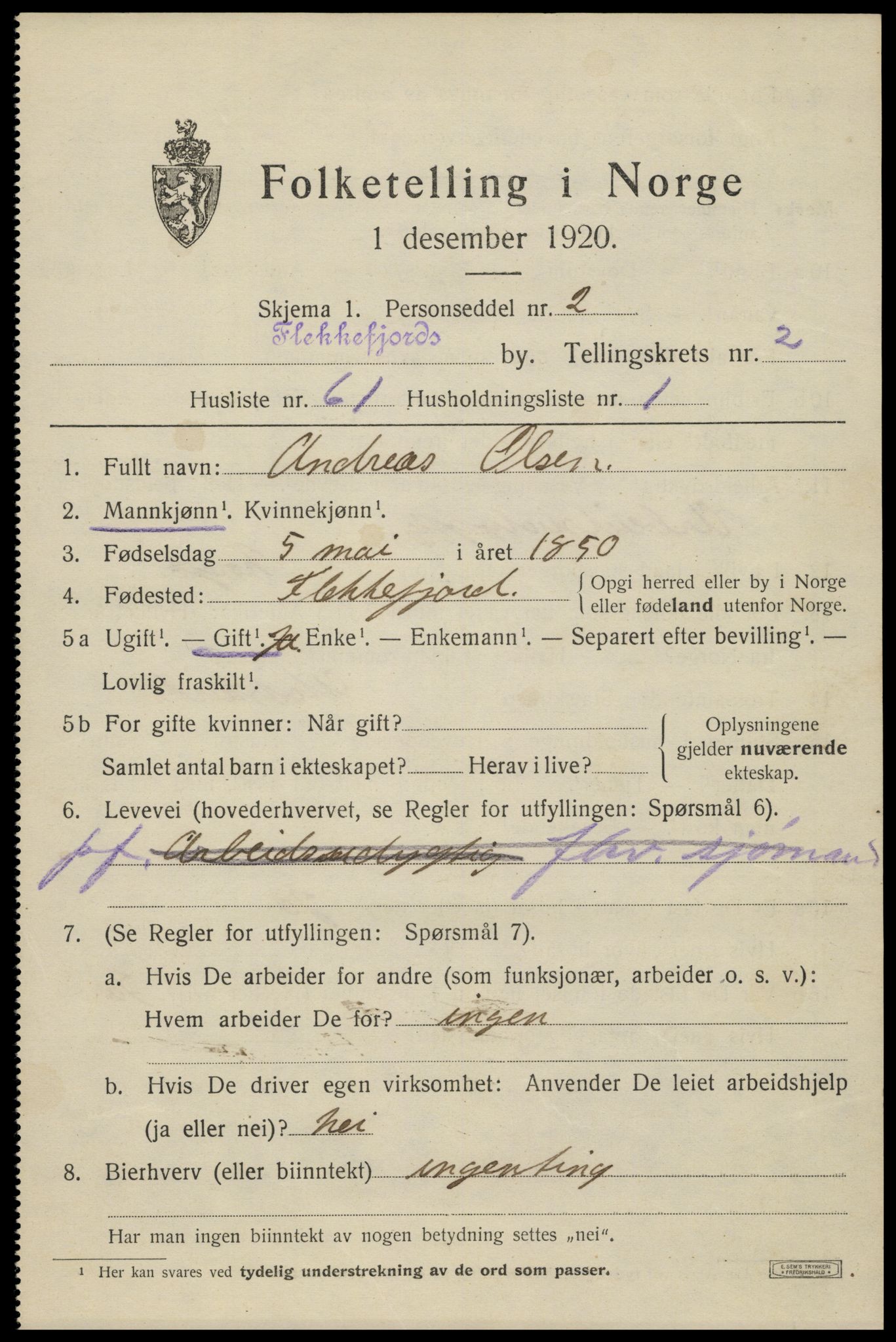 SAK, 1920 census for Flekkefjord, 1920, p. 3216
