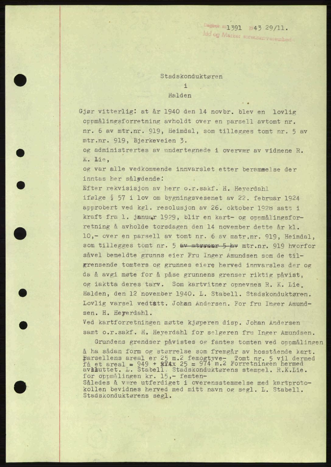 Idd og Marker sorenskriveri, AV/SAO-A-10283/G/Gb/Gbb/L0006: Mortgage book no. A6, 1943-1944, Diary no: : 1391/1943
