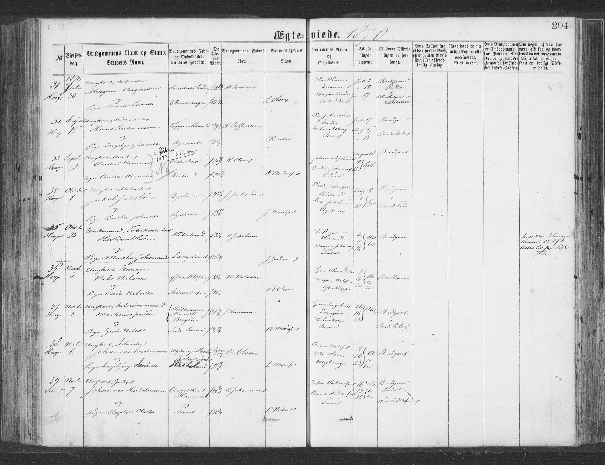 Hosanger sokneprestembete, AV/SAB-A-75801/H/Haa: Parish register (official) no. A 9, 1864-1876, p. 204