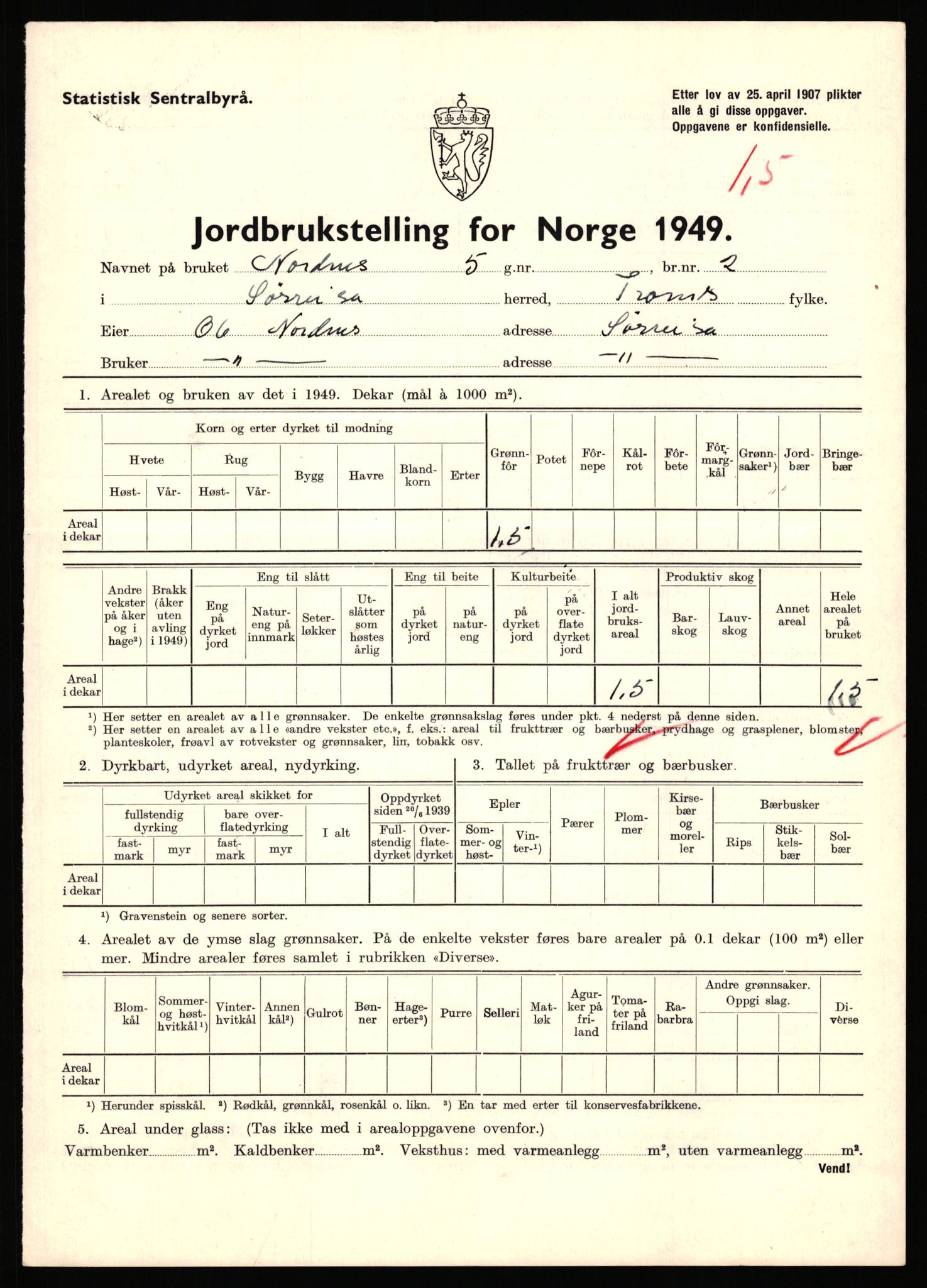Statistisk sentralbyrå, Næringsøkonomiske emner, Jordbruk, skogbruk, jakt, fiske og fangst, AV/RA-S-2234/G/Gc/L0440: Troms: Sørreisa og Dyrøy, 1949, p. 24