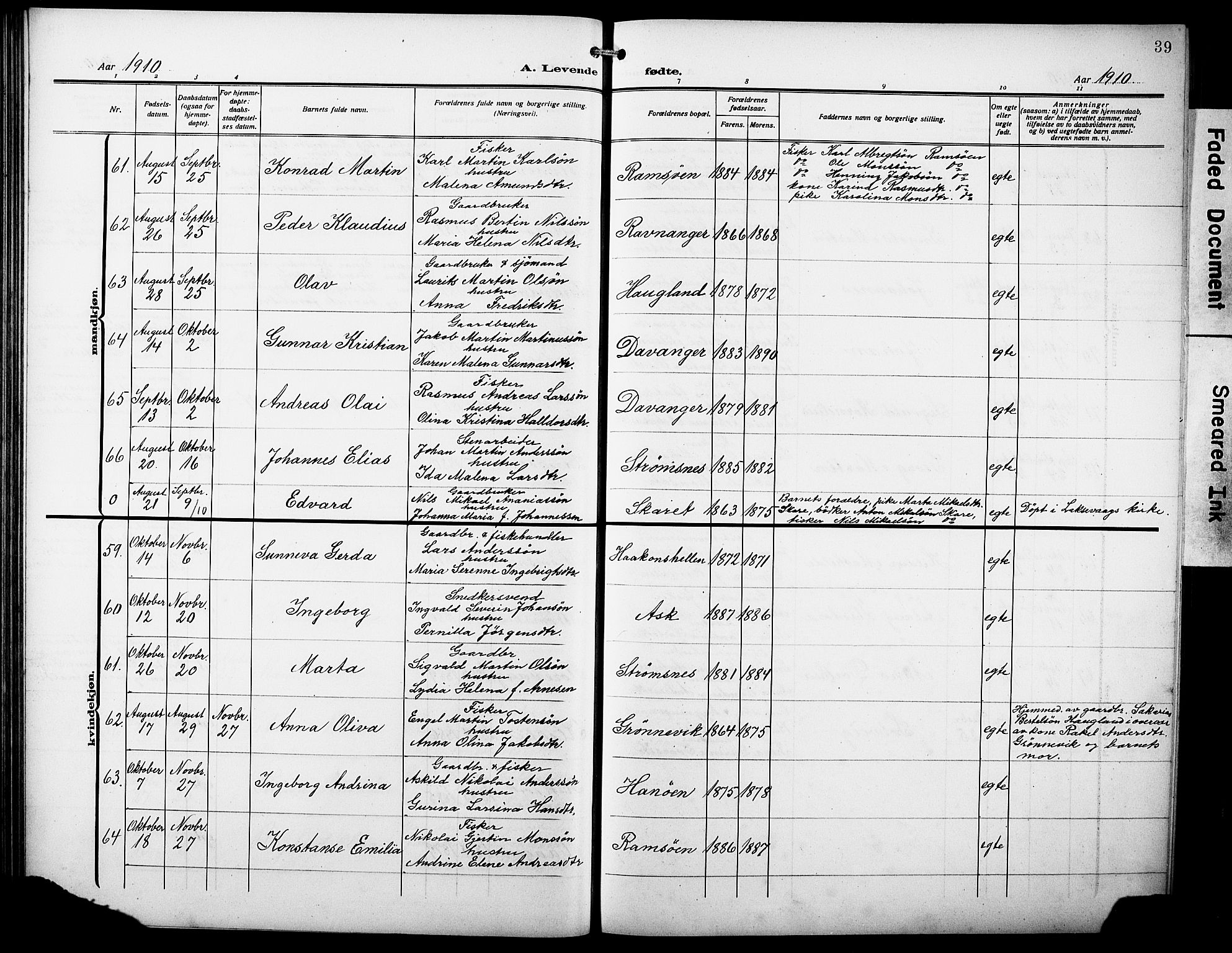 Askøy Sokneprestembete, SAB/A-74101/H/Ha/Hab/Haba/L0011: Parish register (copy) no. A 11, 1908-1931, p. 39