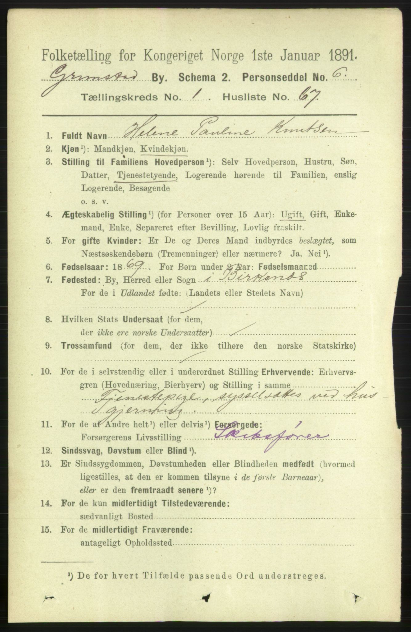 RA, 1891 census for 0904 Grimstad, 1891, p. 1490