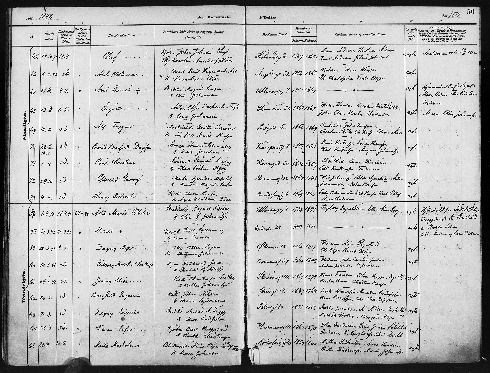 Kampen prestekontor Kirkebøker, AV/SAO-A-10853/F/Fa/L0005: Parish register (official) no. I 5, 1890-1902, p. 50