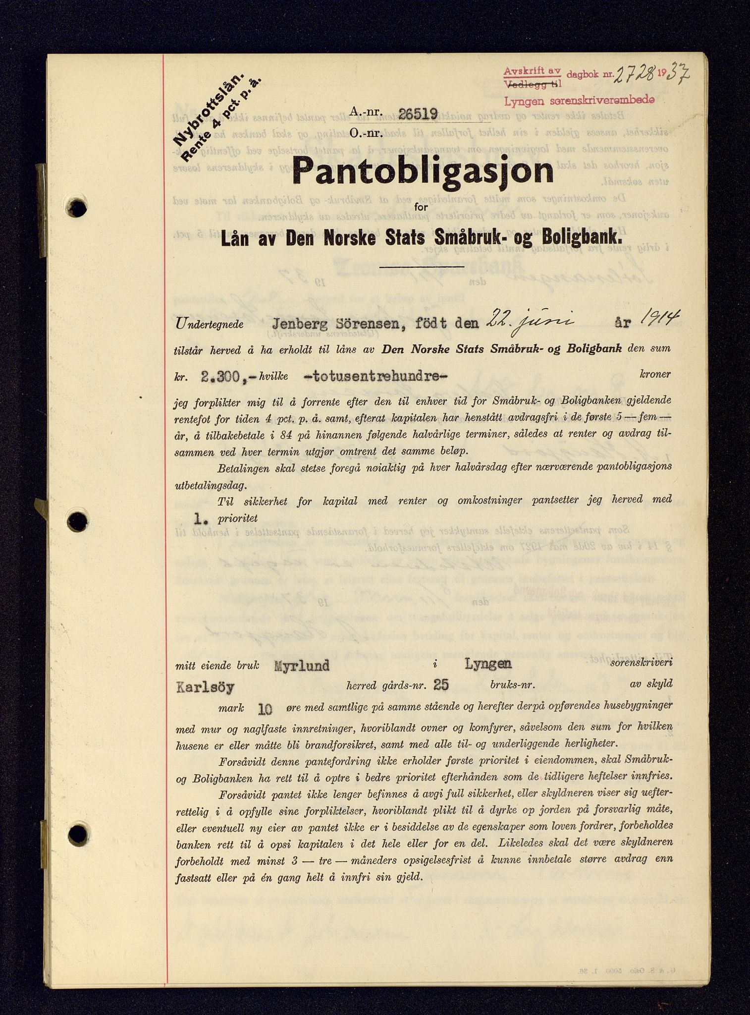 Lyngen sorenskriveri, AV/SATØ-SATØ-0052/1/G/Gf/L0001: Mortgage book no. B 25-31, 1936-1942, Diary no: : 2728/1937