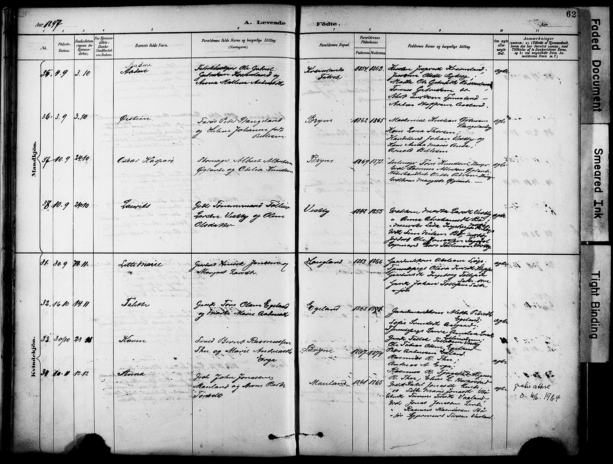 Lye sokneprestkontor, AV/SAST-A-101794/001/30BA/L0011: Parish register (official) no. A 9, 1893-1903, p. 62