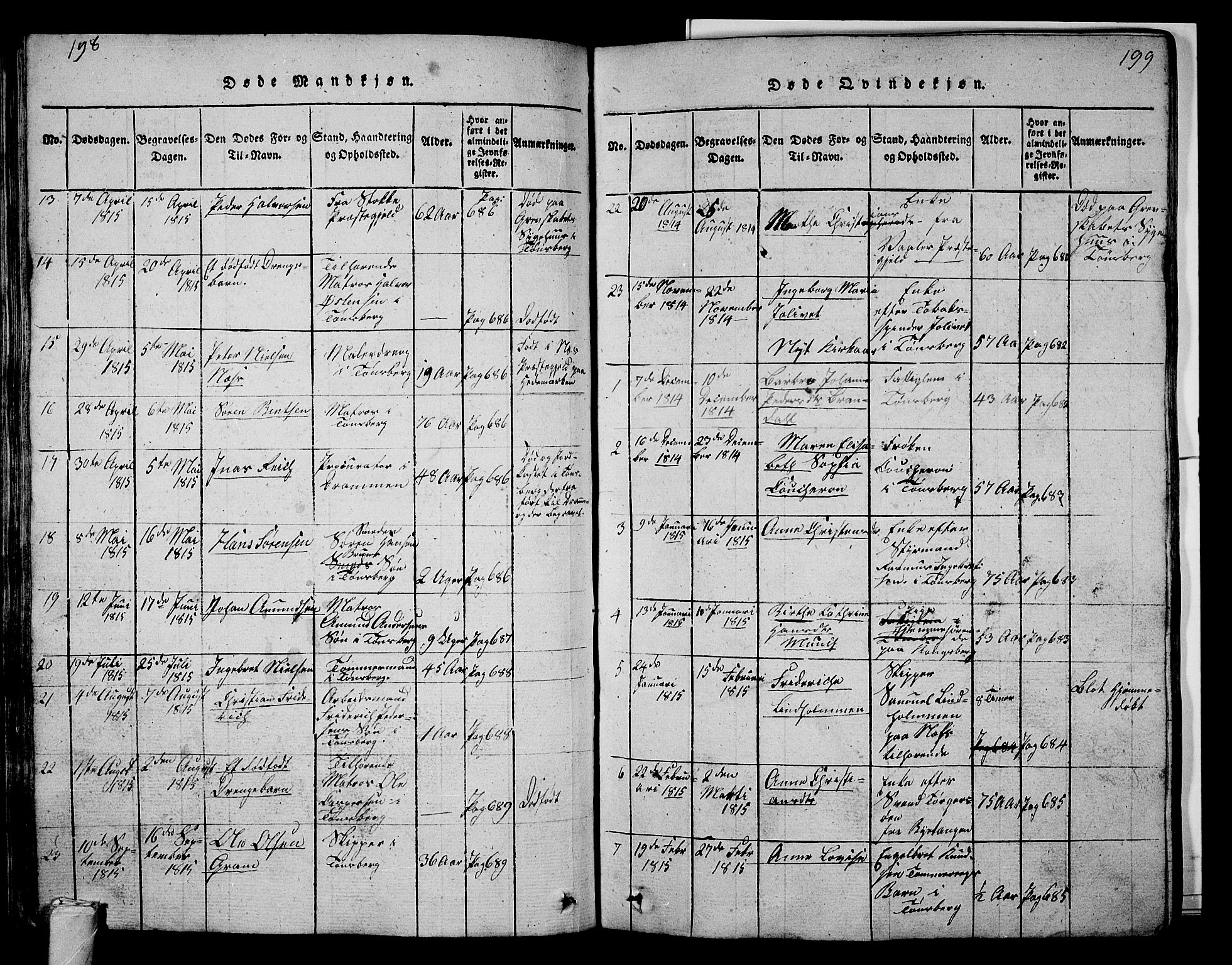 Tønsberg kirkebøker, SAKO/A-330/G/Ga/L0001: Parish register (copy) no. 1, 1813-1826, p. 198-199