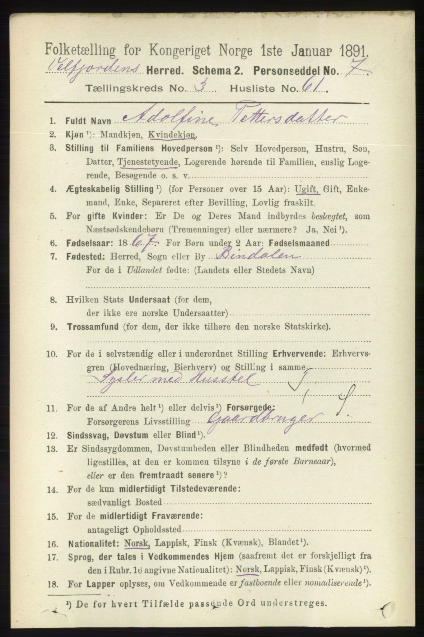 RA, 1891 census for 1813 Velfjord, 1891, p. 1443