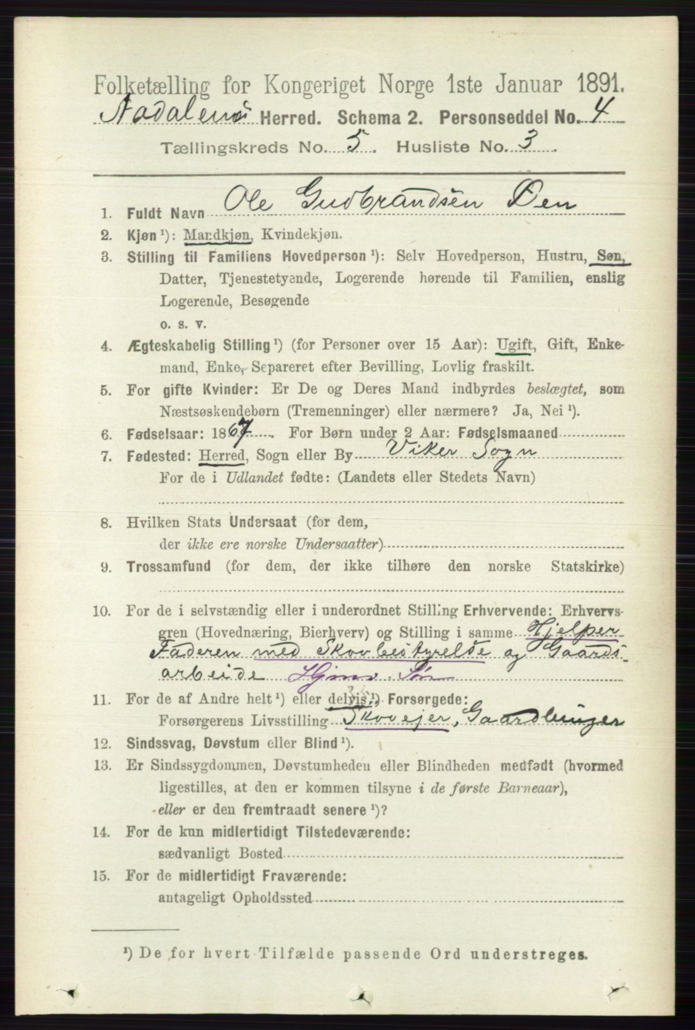 RA, 1891 census for 0614 Ådal, 1891, p. 2028